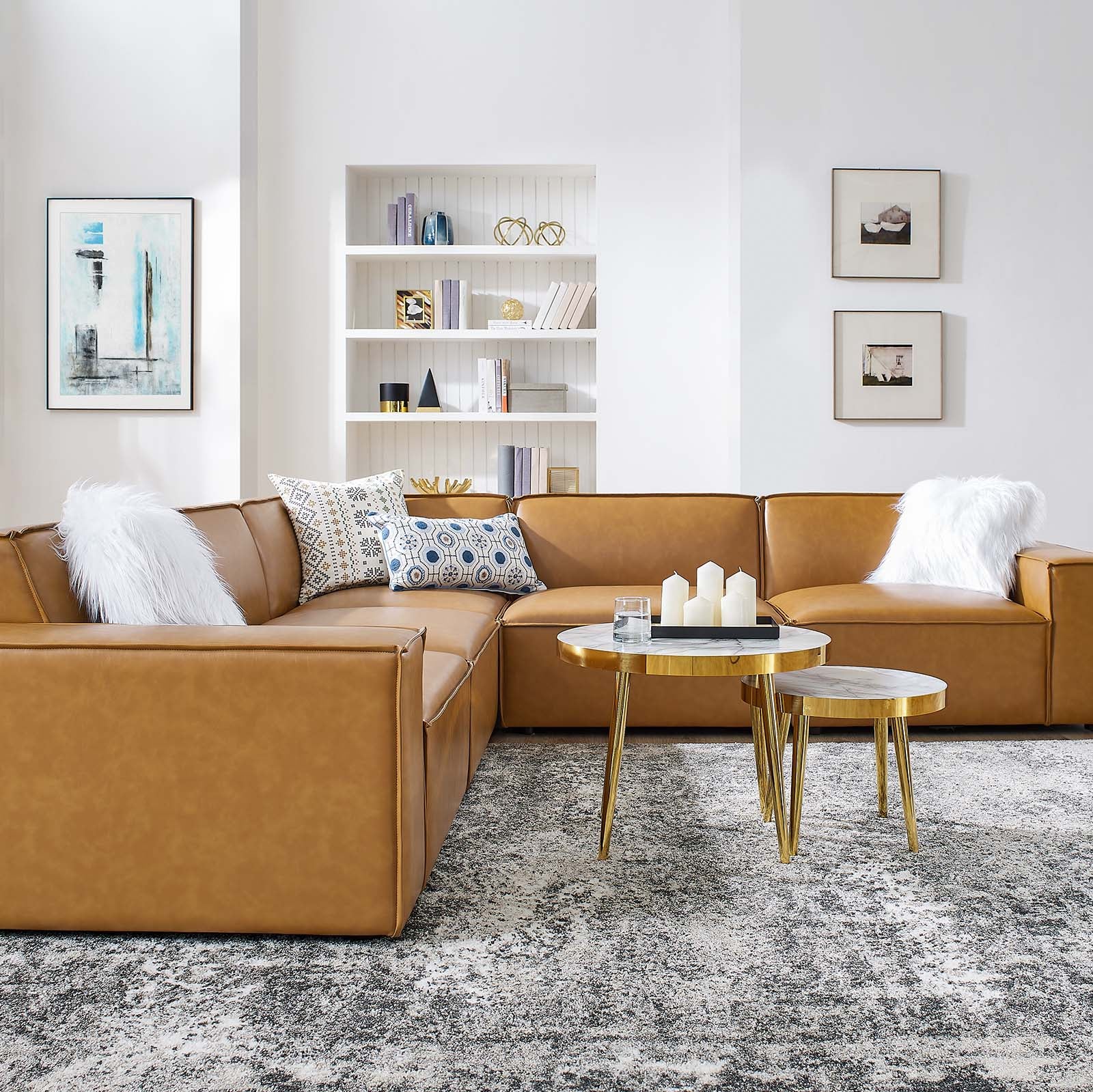 Modway Sectional Sofas - Restore 5-Piece Vegan Leather Sectional Sofa Tan 204"