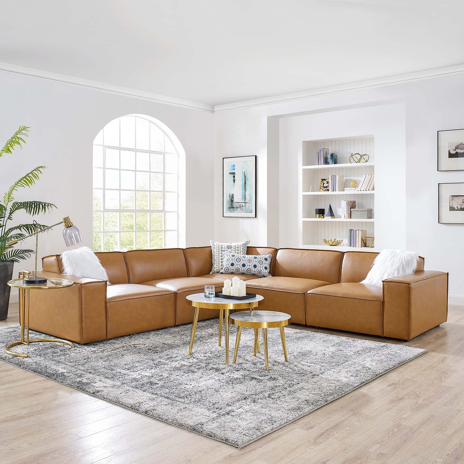 Modway Sectional Sofas - Restore 5-Piece Vegan Leather Sectional Sofa Tan 204"