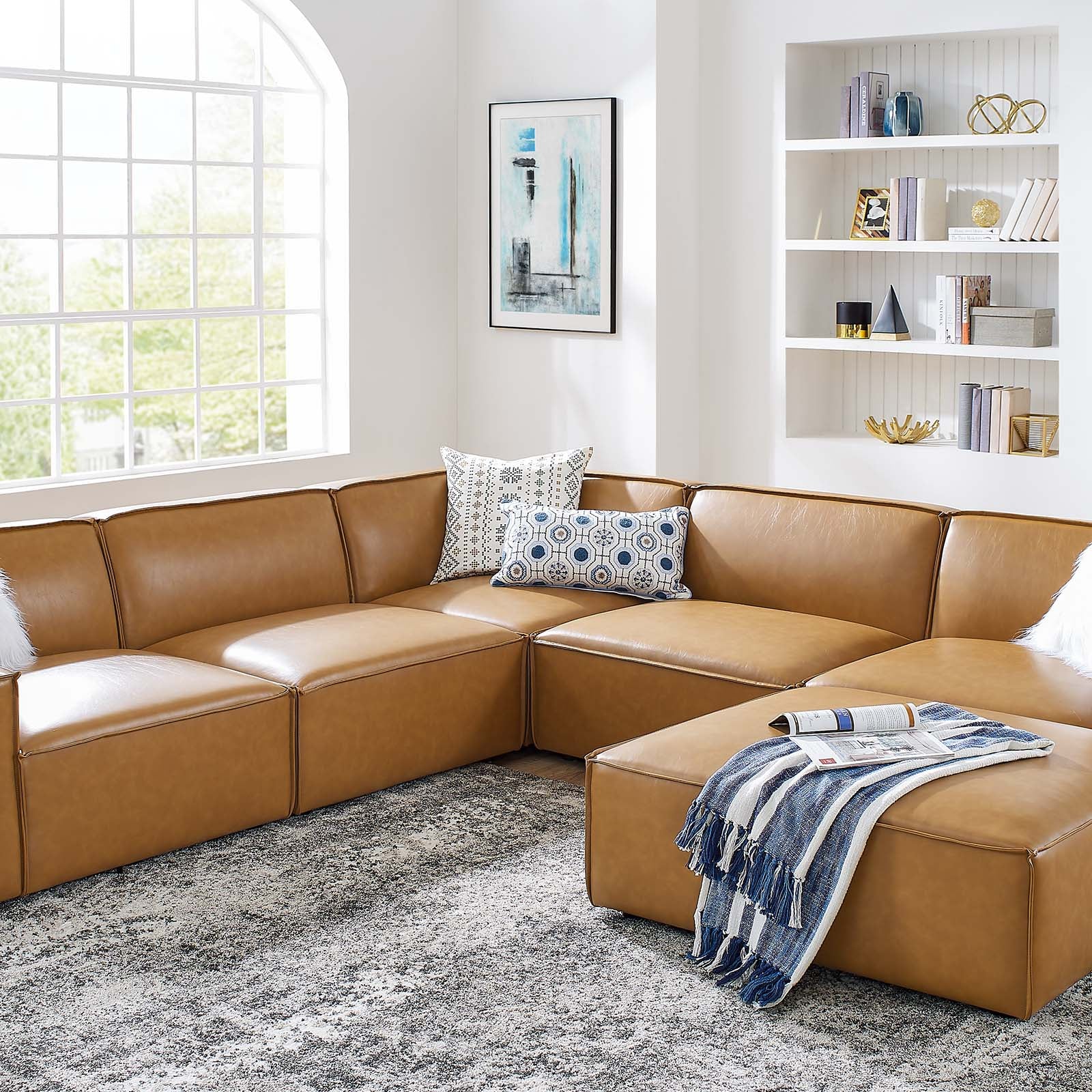 Modway Sectional Sofas - Restore 6-Piece Leather Sectional Sofa Tan