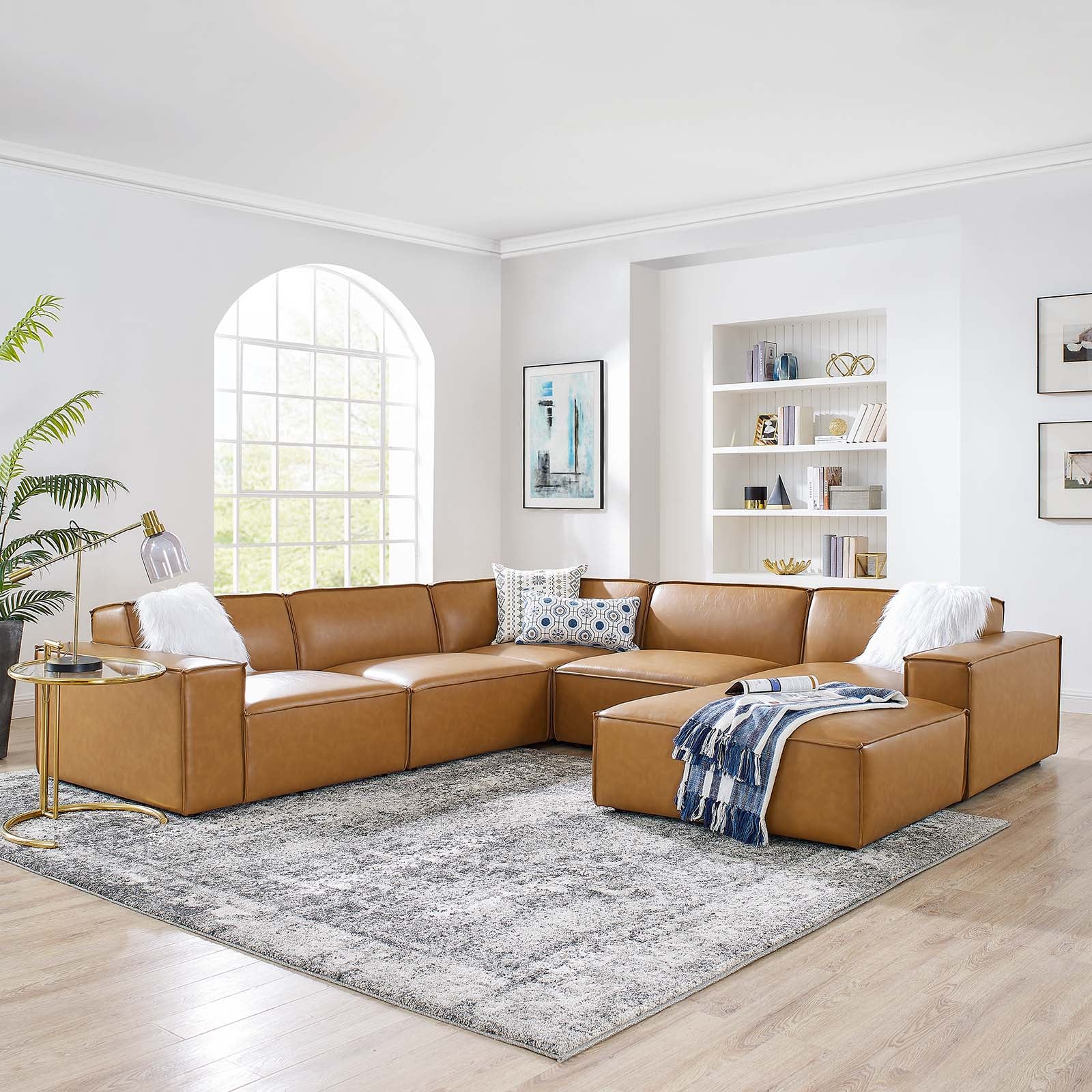 Modway Sectional Sofas - Restore 6-Piece Leather Sectional Sofa Tan