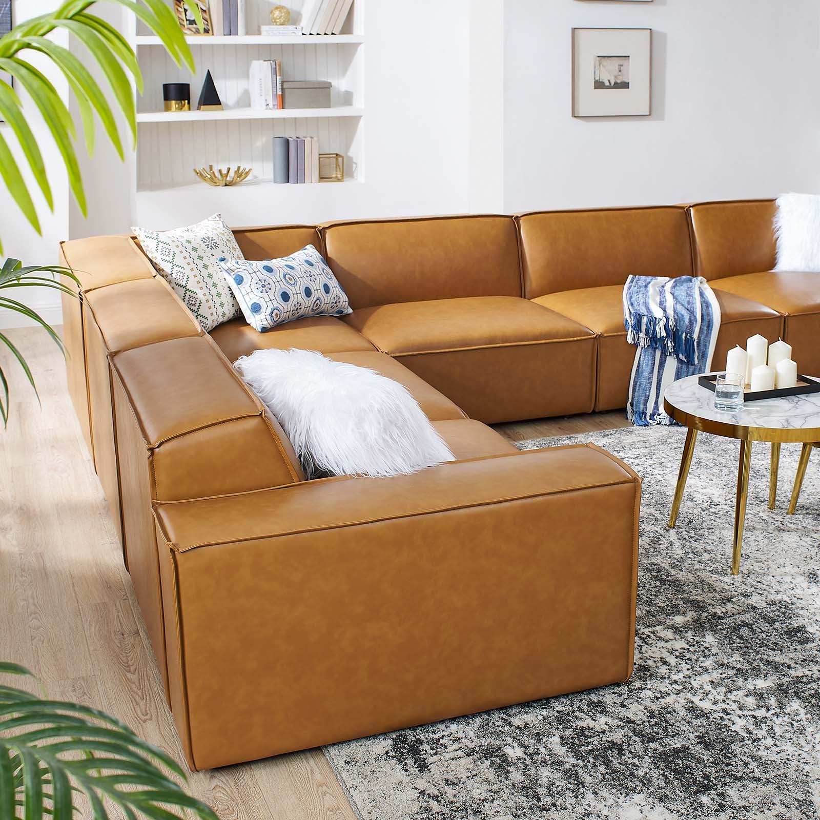 Modway Sectional Sofas - Restore 6-Piece Vegan Leather Sectional Sofa Tan 163"