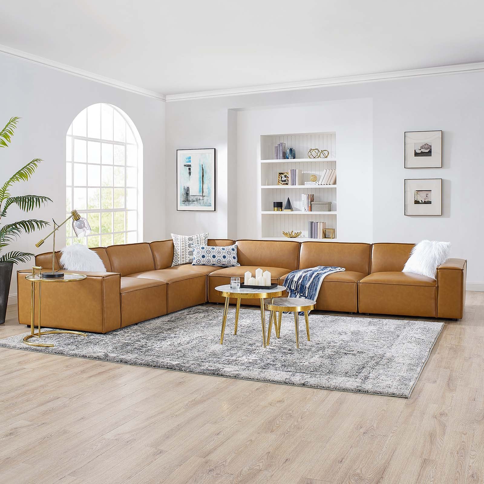Modway Sectional Sofas - Restore 6-Piece Vegan Leather Sectional Sofa Tan 163"