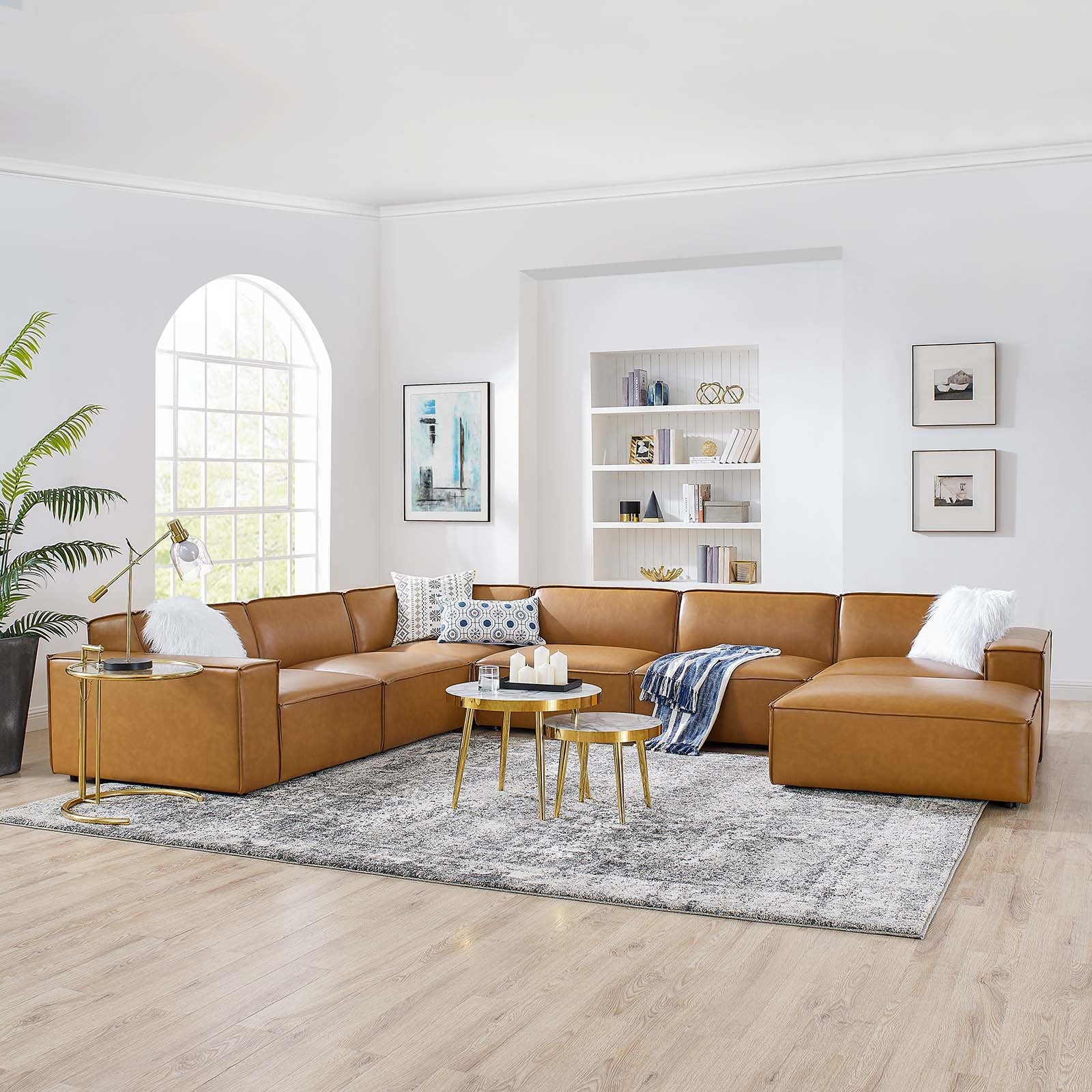 Modway Sectional Sofas - Restore 7-Piece Vegan Leather Sectional Sofa Tan