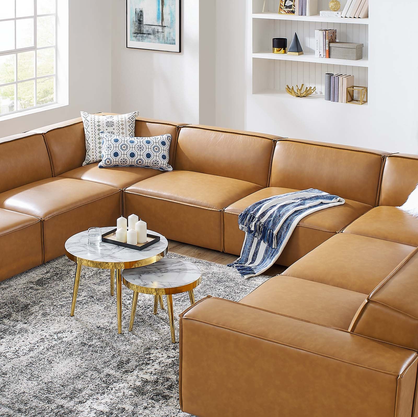 Modway Sectional Sofas - Restore 8-Piece Vegan Leather Sectional Sofa Tan