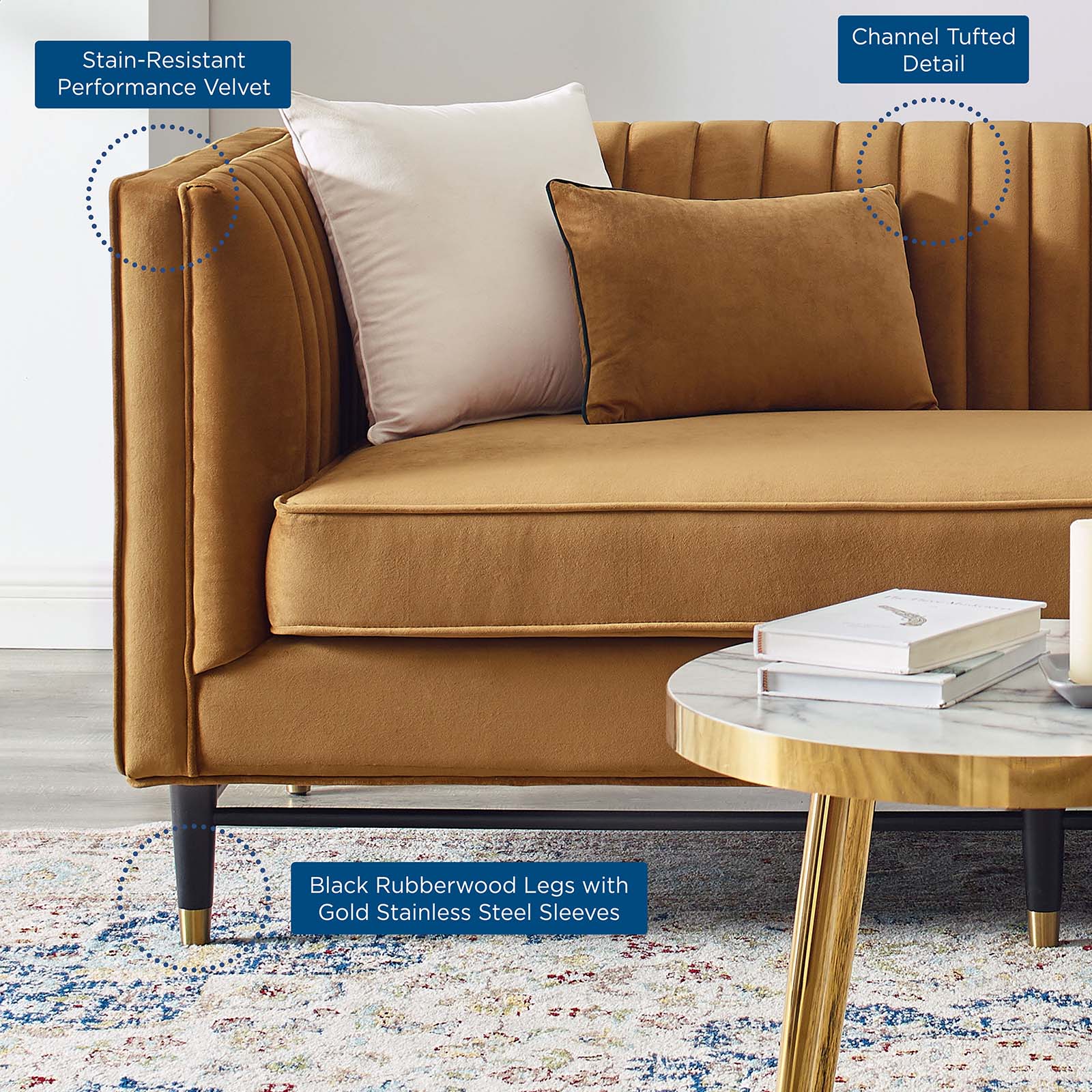 Modway Loveseats - Devote Channel Tufted Performance Velvet Loveseat Cognac