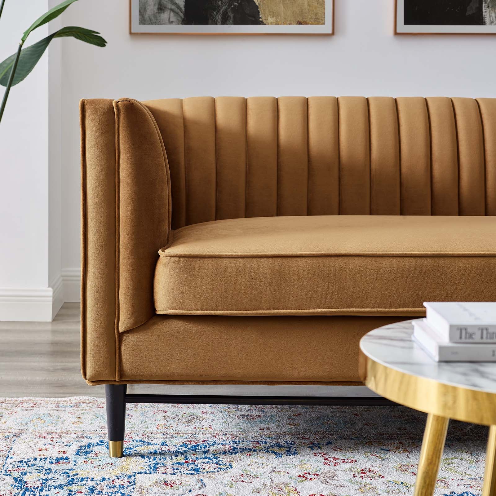 Modway Loveseats - Devote Channel Tufted Performance Velvet Loveseat Cognac