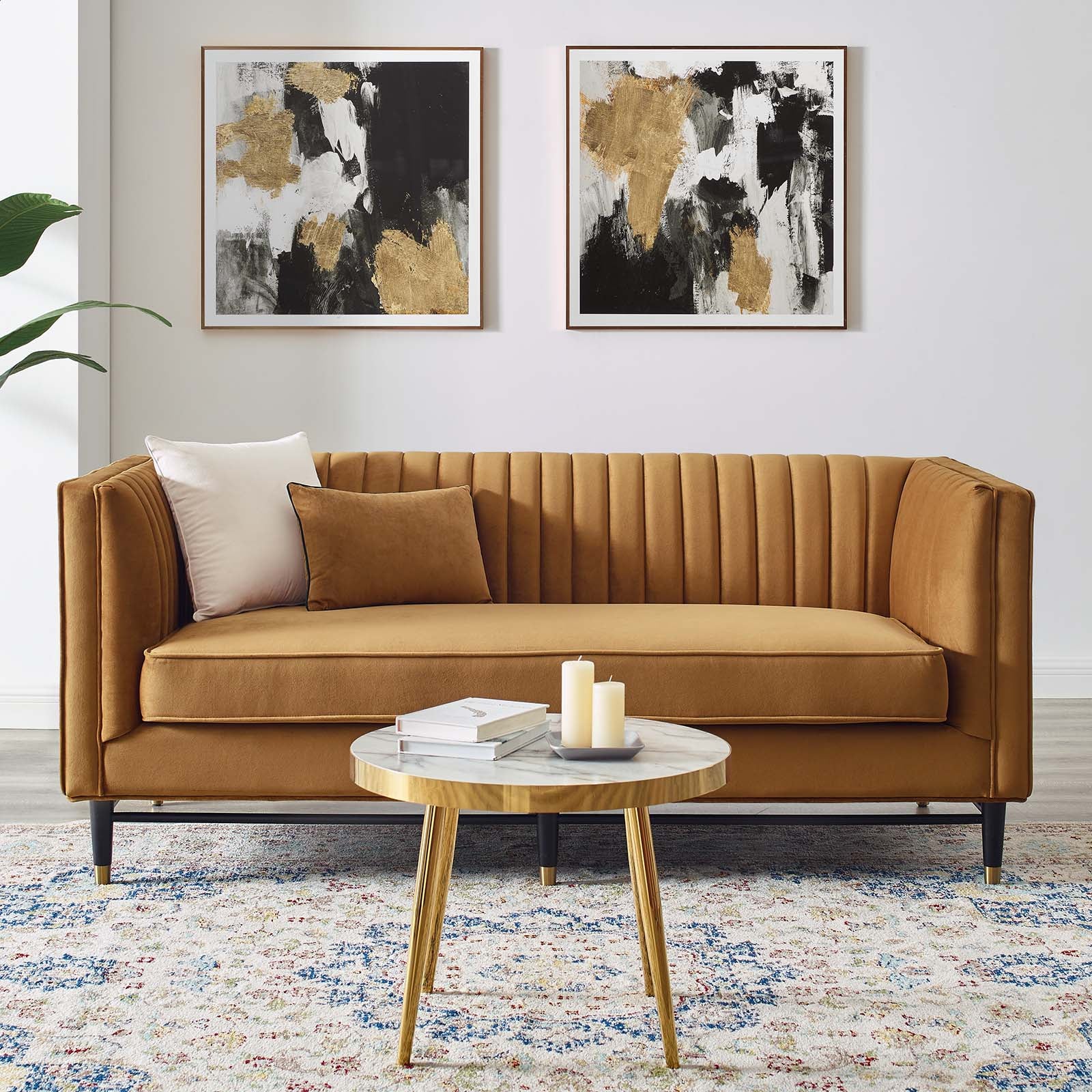 Modway Loveseats - Devote Channel Tufted Performance Velvet Loveseat Cognac