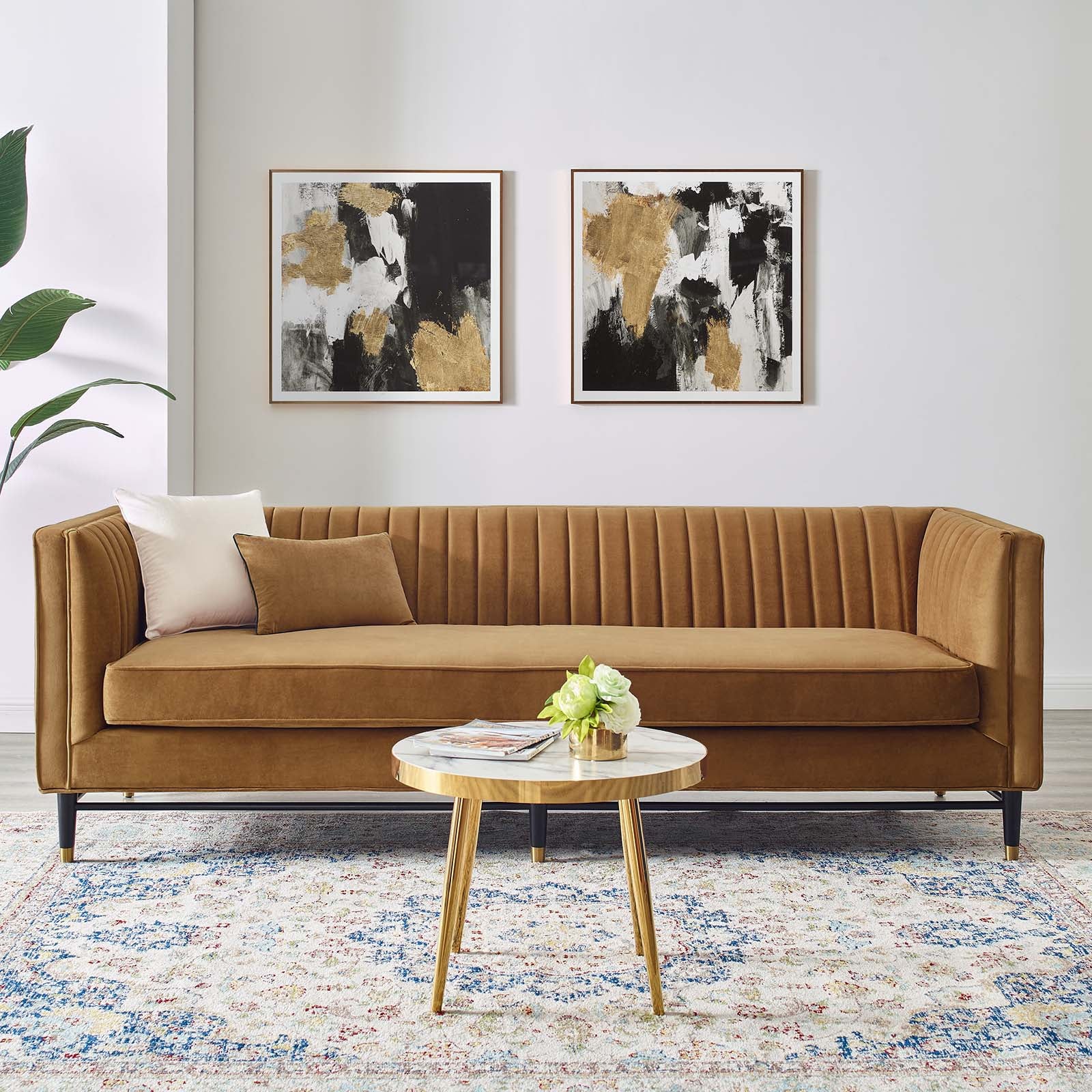 Modway Sofas & Couches - Devote Channel Tufted Performance Velvet Sofa Cognac
