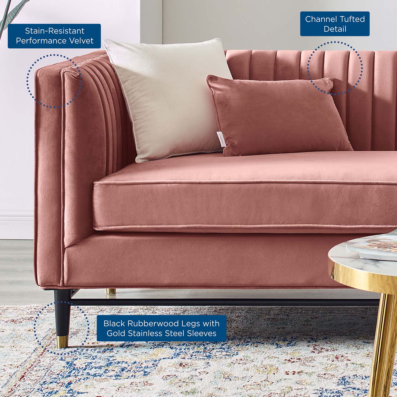 Modway Sofas & Couches - Devote Channel Tufted Performance Velvet Sofa Dusty Rose