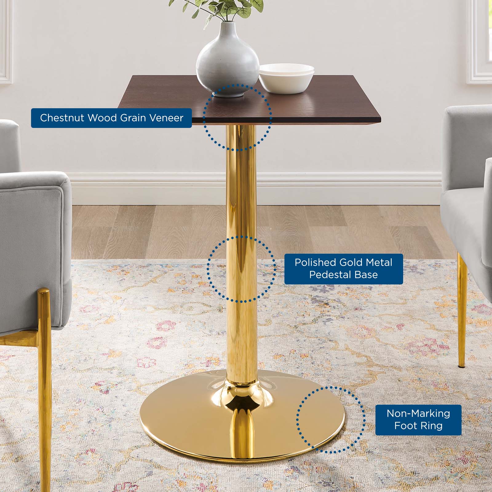 Modway Dining Tables - Verne 24" Square Dining Table Gold Cherry Walnut