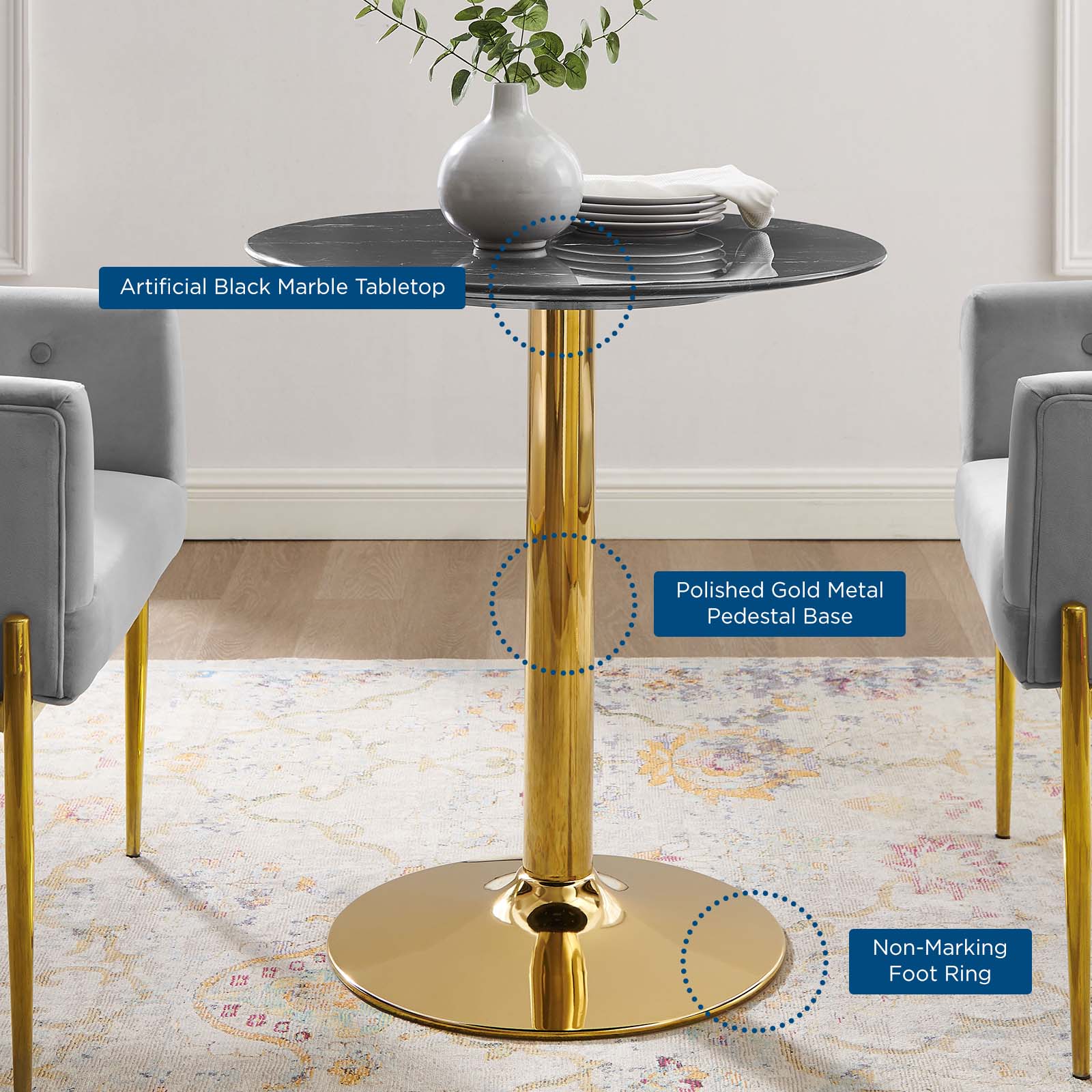 Modway Dining Tables - Verne-28"-Artificial-Marble-Dining-Table-Gold-Black