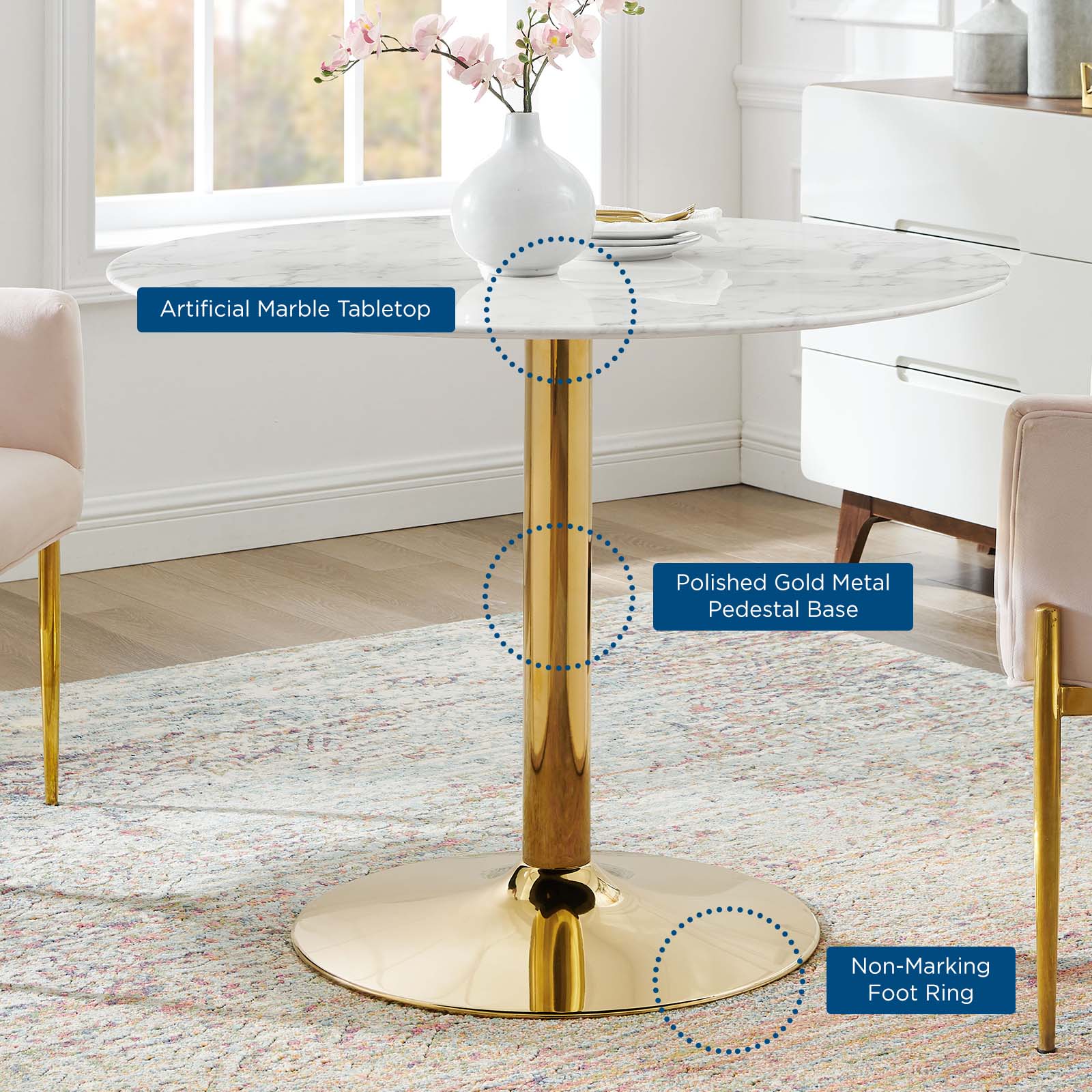 Modway Dining Tables - Verne 40" Artificial Marble Dining Table Gold White