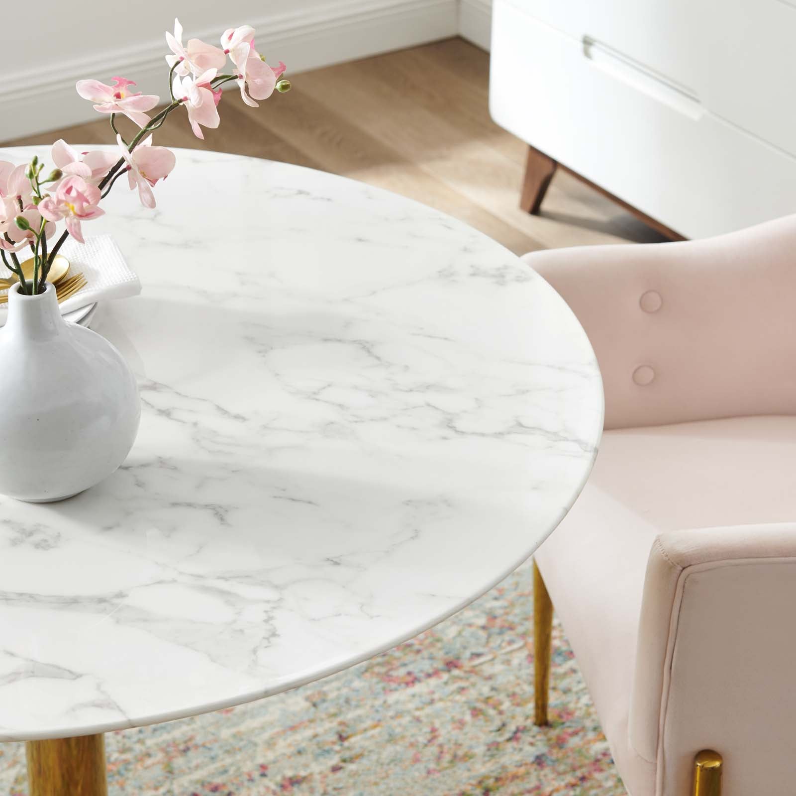 Modway Dining Tables - Verne 40" Artificial Marble Dining Table Gold White