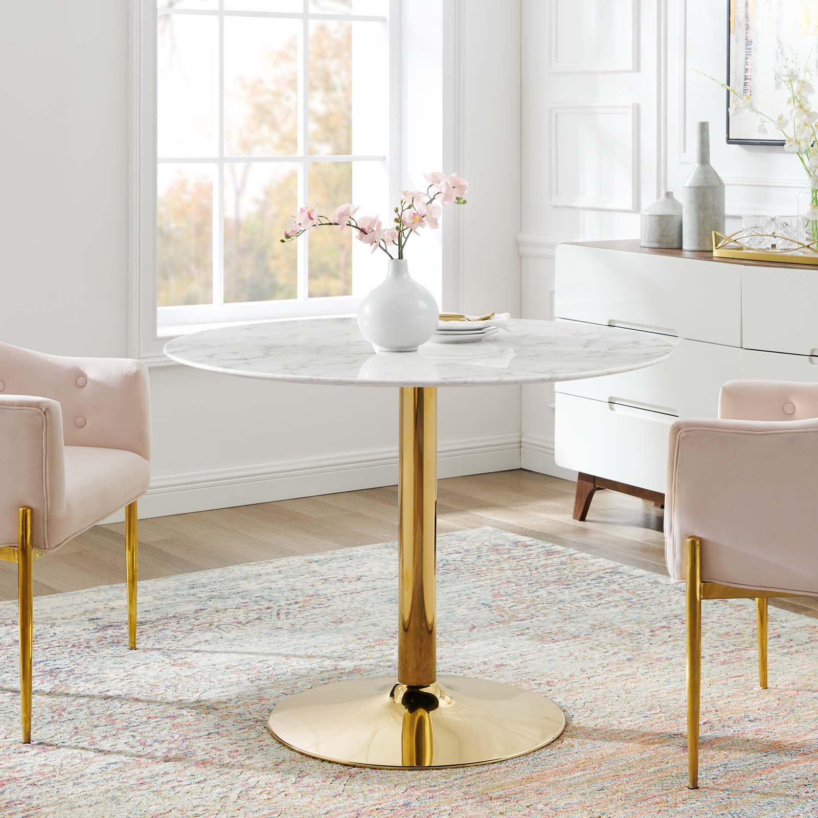 Modway Dining Tables - Verne 40" Artificial Marble Dining Table Gold White