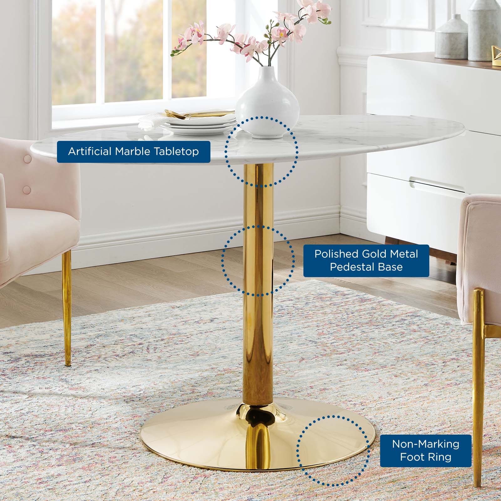 Modway Dining Tables - Verne 48" Oval Artificial Marble Dining Table Gold White