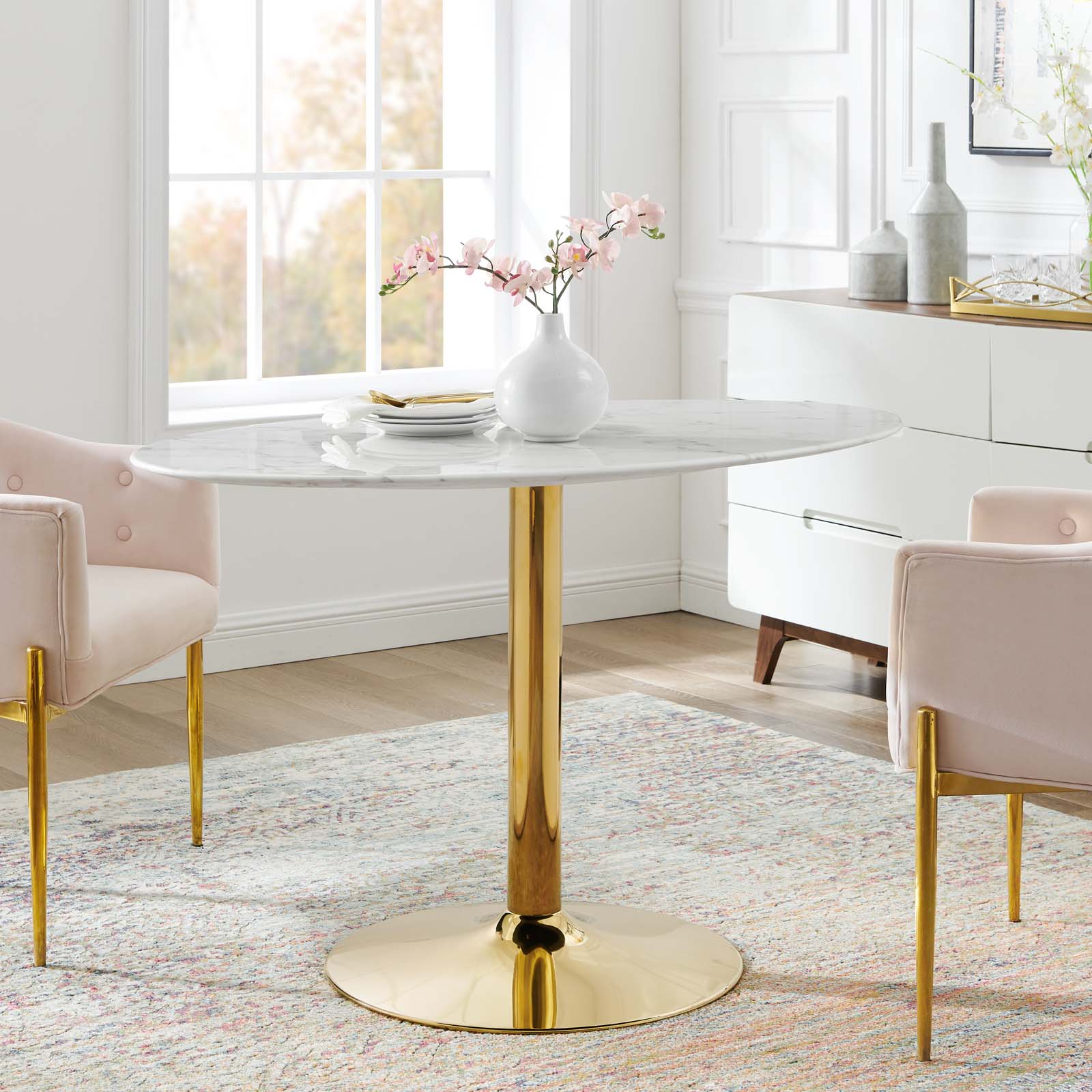 Modway Dining Tables - Verne 48" Oval Artificial Marble Dining Table Gold White