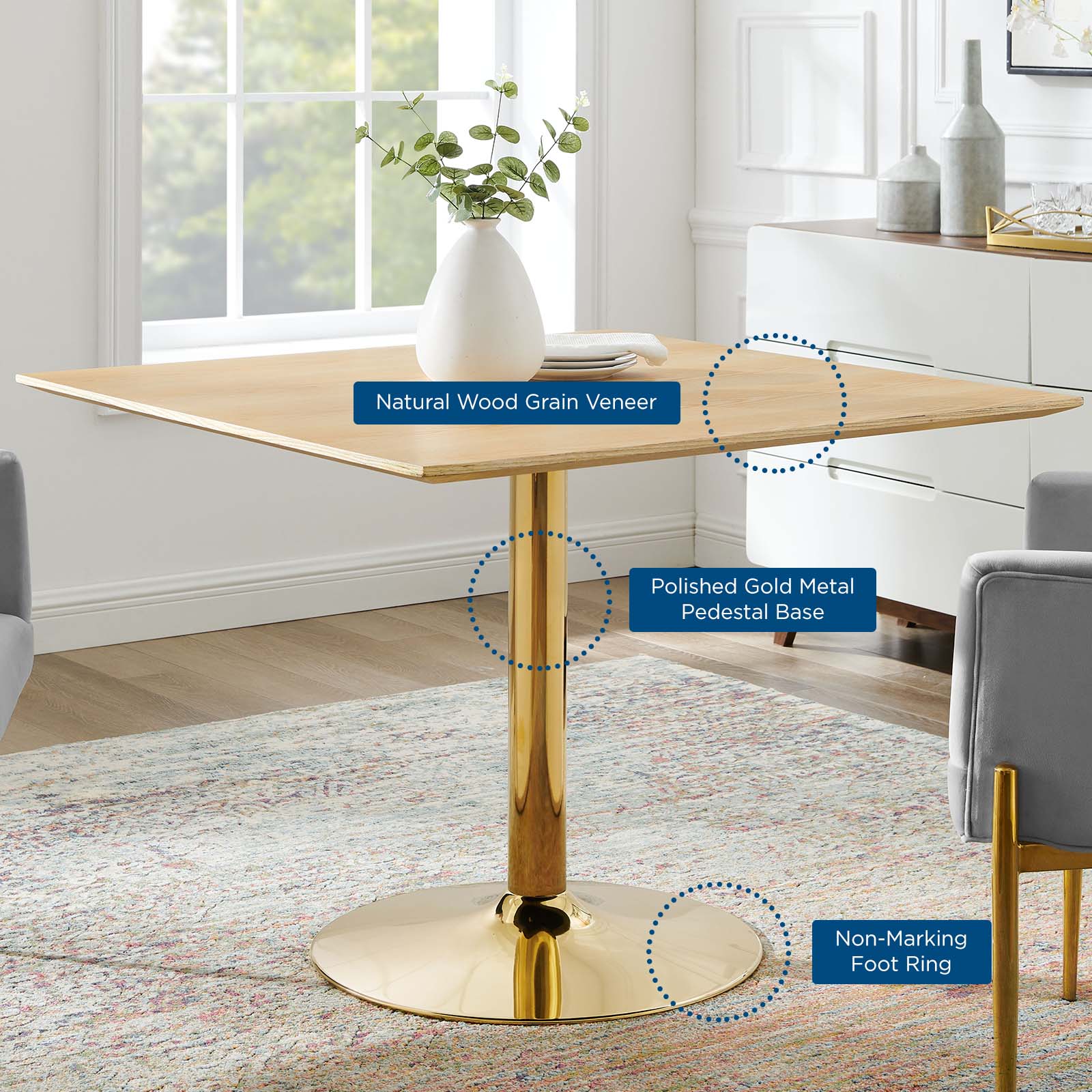 Modway Dining Tables - Verne 40" Square Dining Table Gold Natural