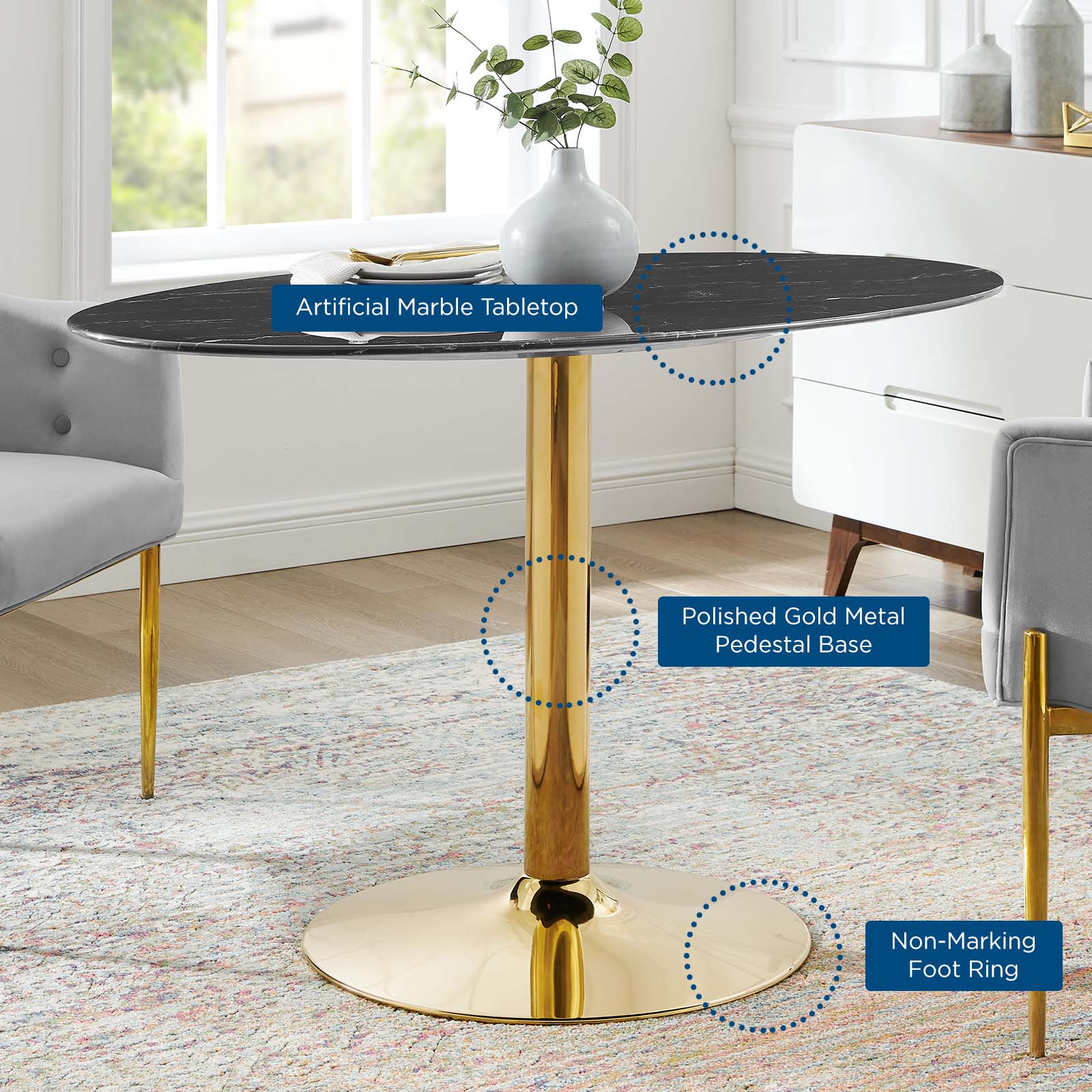 Modway Dining Tables - Verne-48"-Artificial-Marble-Dining-Table-Gold-Black