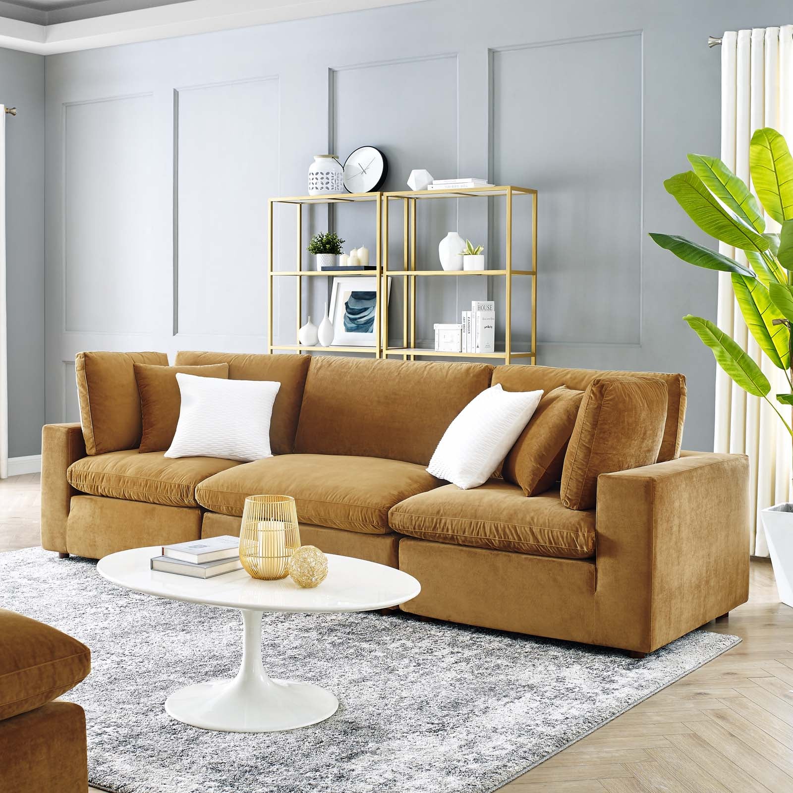 Modway Sofas & Couches - Commix Down Filled Overstuffed Performance Velvet 3-Seater Sofa Cognac