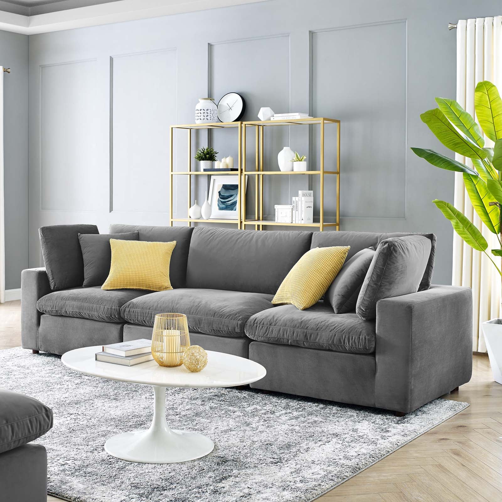 Modway Sectional Sofas - Commix Down Filled Overstuffed Performance Velvet 3-Seater Sofa Gray