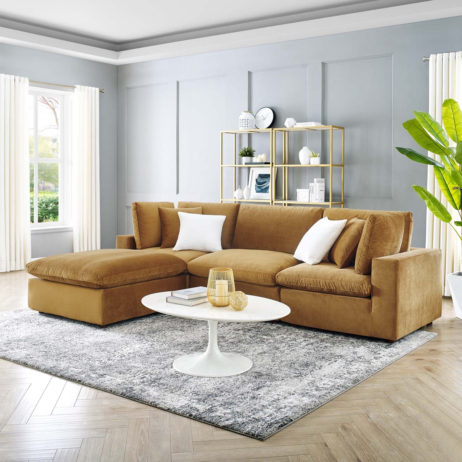 Modway Sectional Sofas - Commix Down Filled Overstuffed Performance Velvet 4 Piece Sectional Sofa Cognac