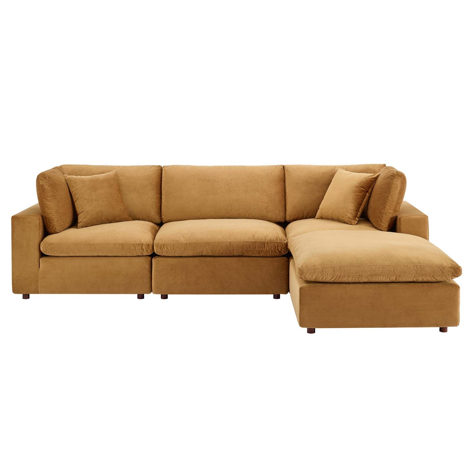 Modway Sectional Sofas - Commix Down Filled Overstuffed Performance Velvet 4 Piece Sectional Sofa Cognac