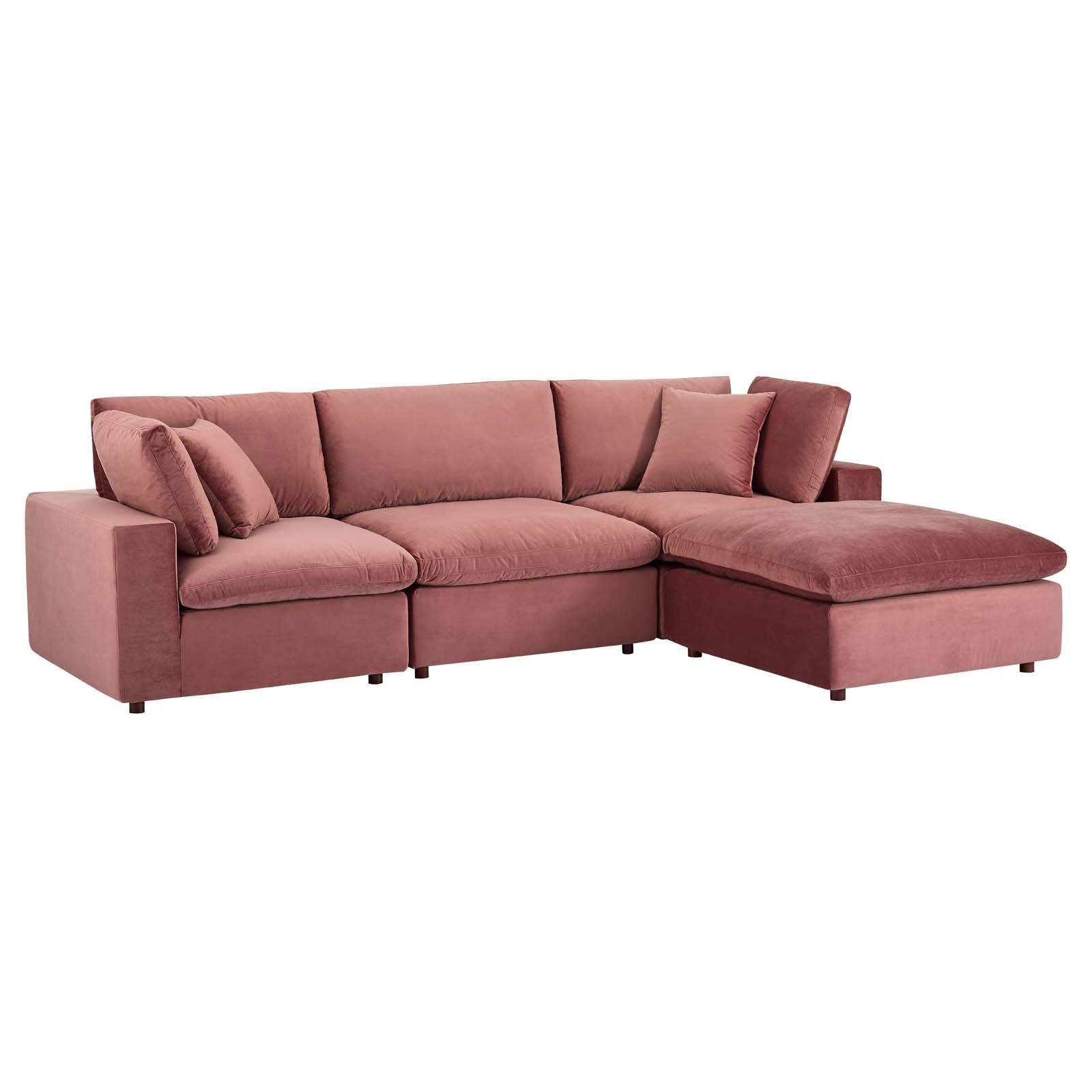 Modway Sectional Sofas - Commix Down Filled Overstuffed Performance Velvet 4-Piece Sectional Sofa Dusty Rose