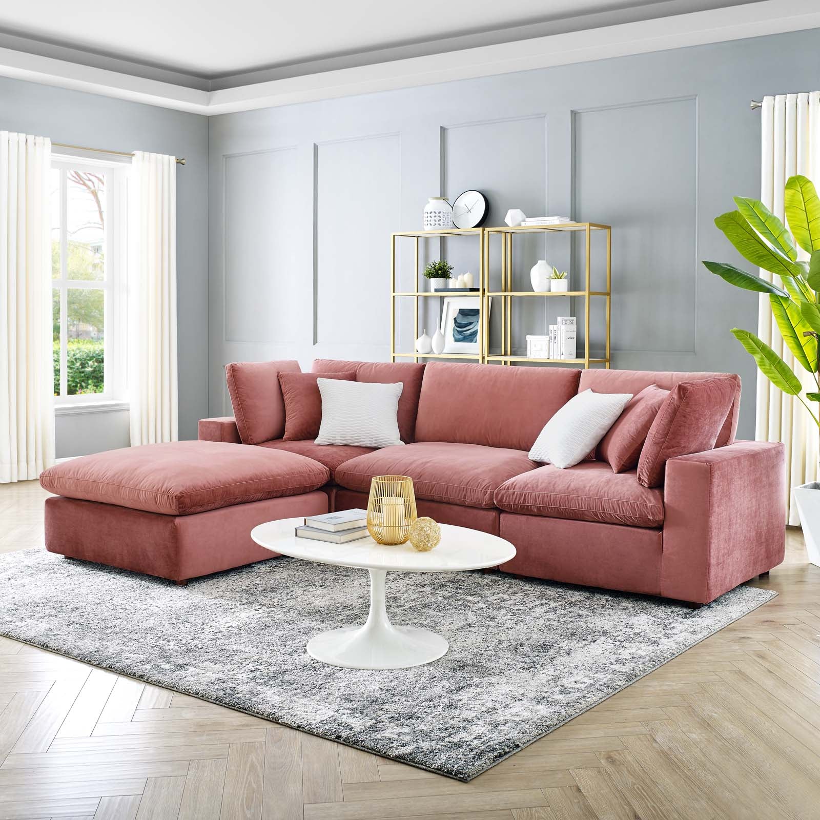 Modway Sectional Sofas - Commix Down Filled Overstuffed Performance Velvet 4-Piece Sectional Sofa Dusty Rose