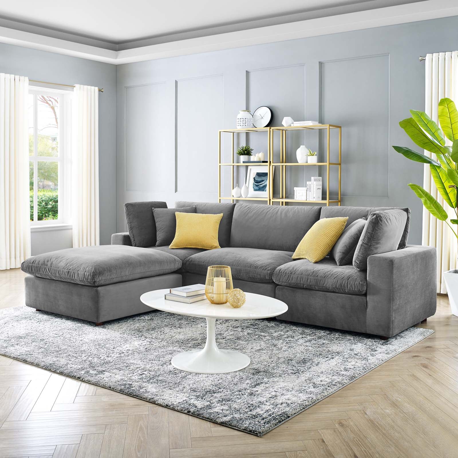 Modway Sectional Sofas - Commix Down Filled Overstuffed Performance Velvet 4-Piece Sectional Sofa Gray