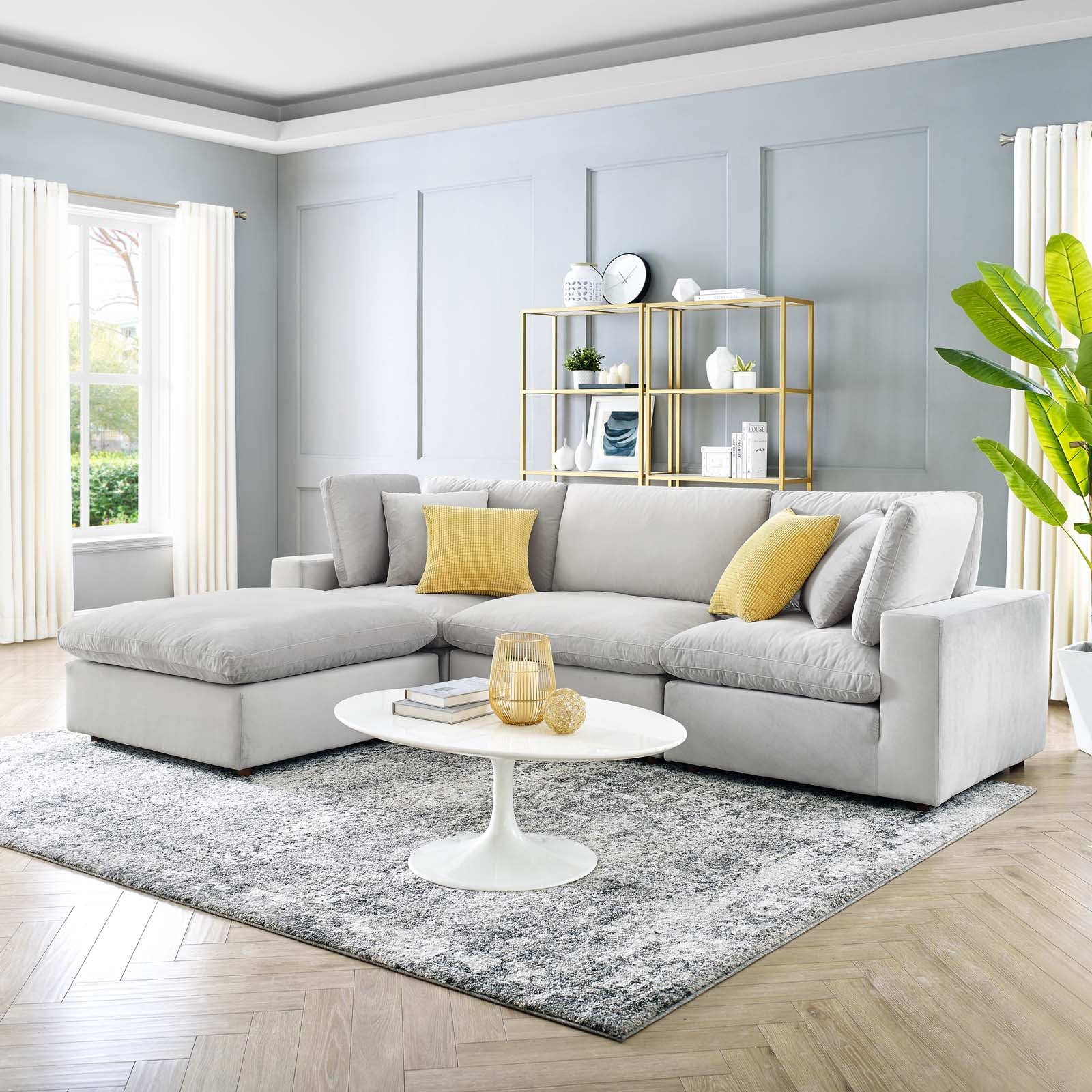 Modway Sectional Sofas - Commix Down Filled Overstuffed Performance Velvet 4 Piece Sectional Sofa Light Gray