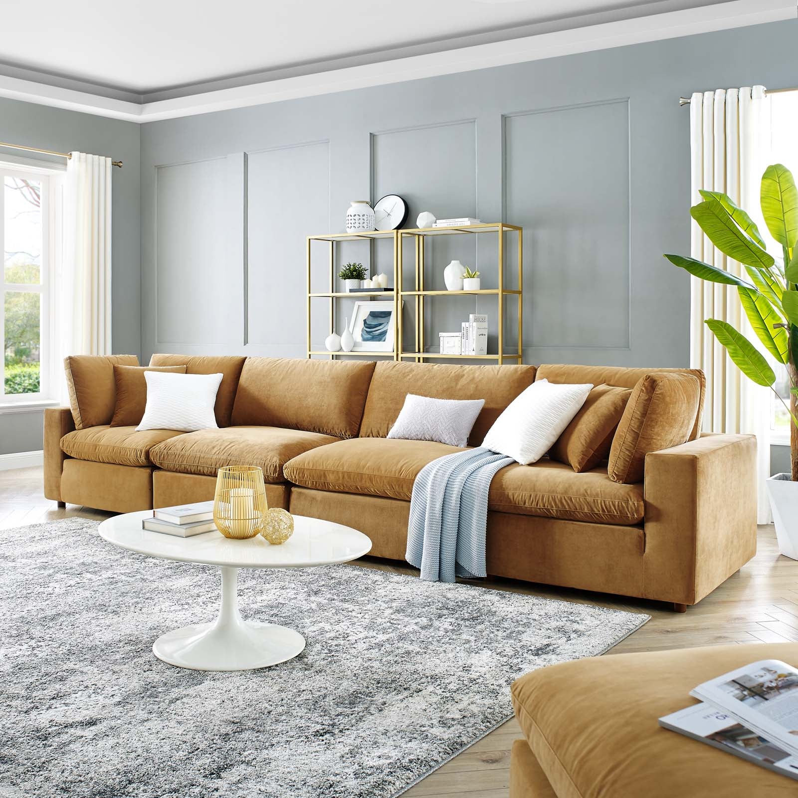 Modway Sofas & Couches - Commix Down Filled Overstuffed Performance Velvet 4-Seater Sofa Cognac