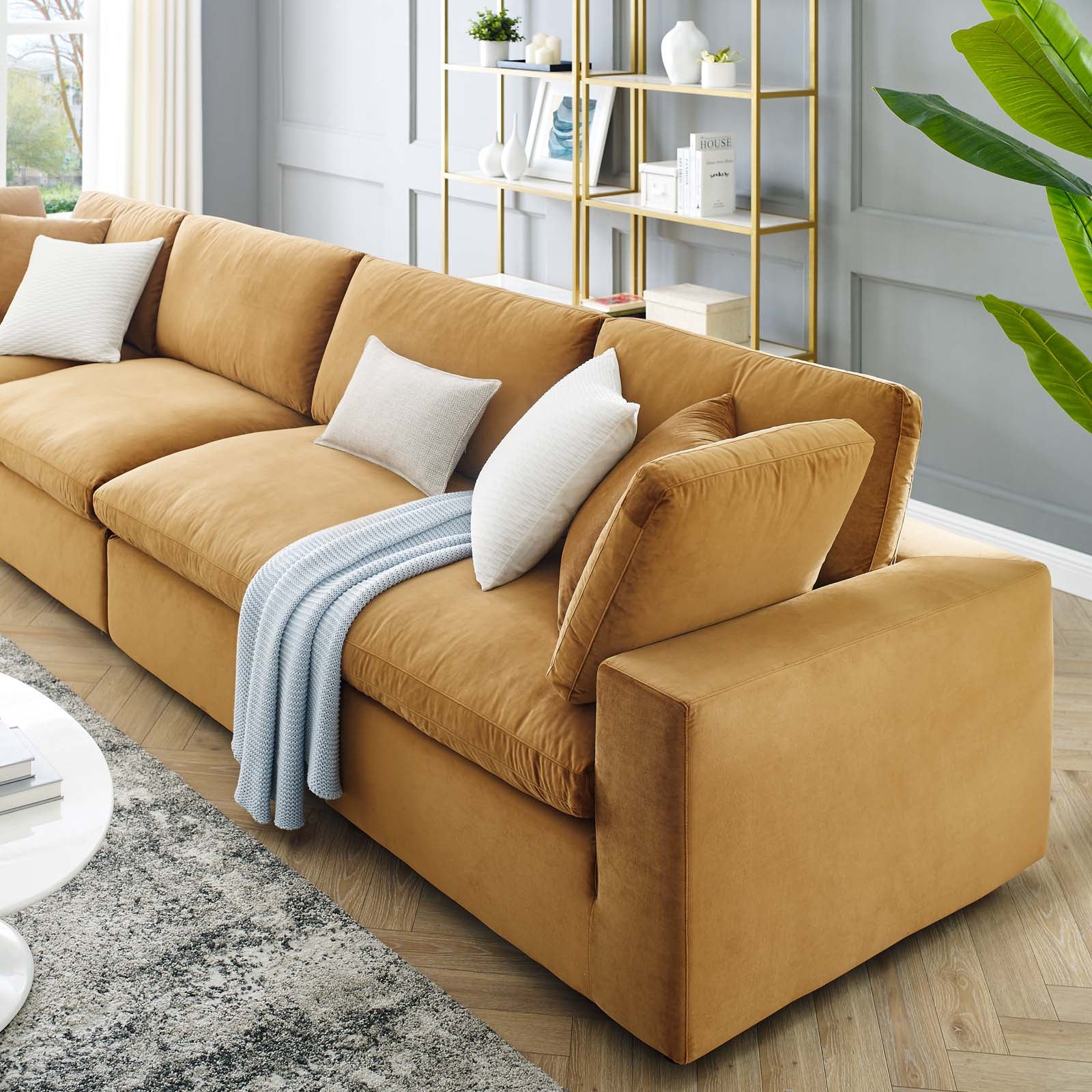 Modway Sofas & Couches - Commix Down Filled Overstuffed Performance Velvet 4-Seater Sofa Cognac