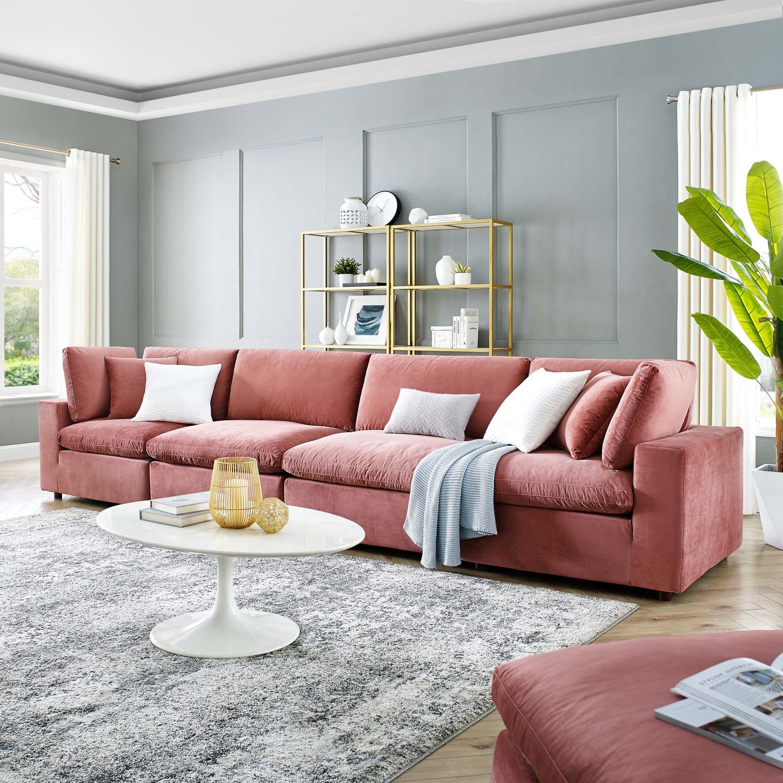 Modway Sectional Sofas - Commix Down Filled Overstuffed Performance Velvet 4-Seater Sofa Dusty Rose