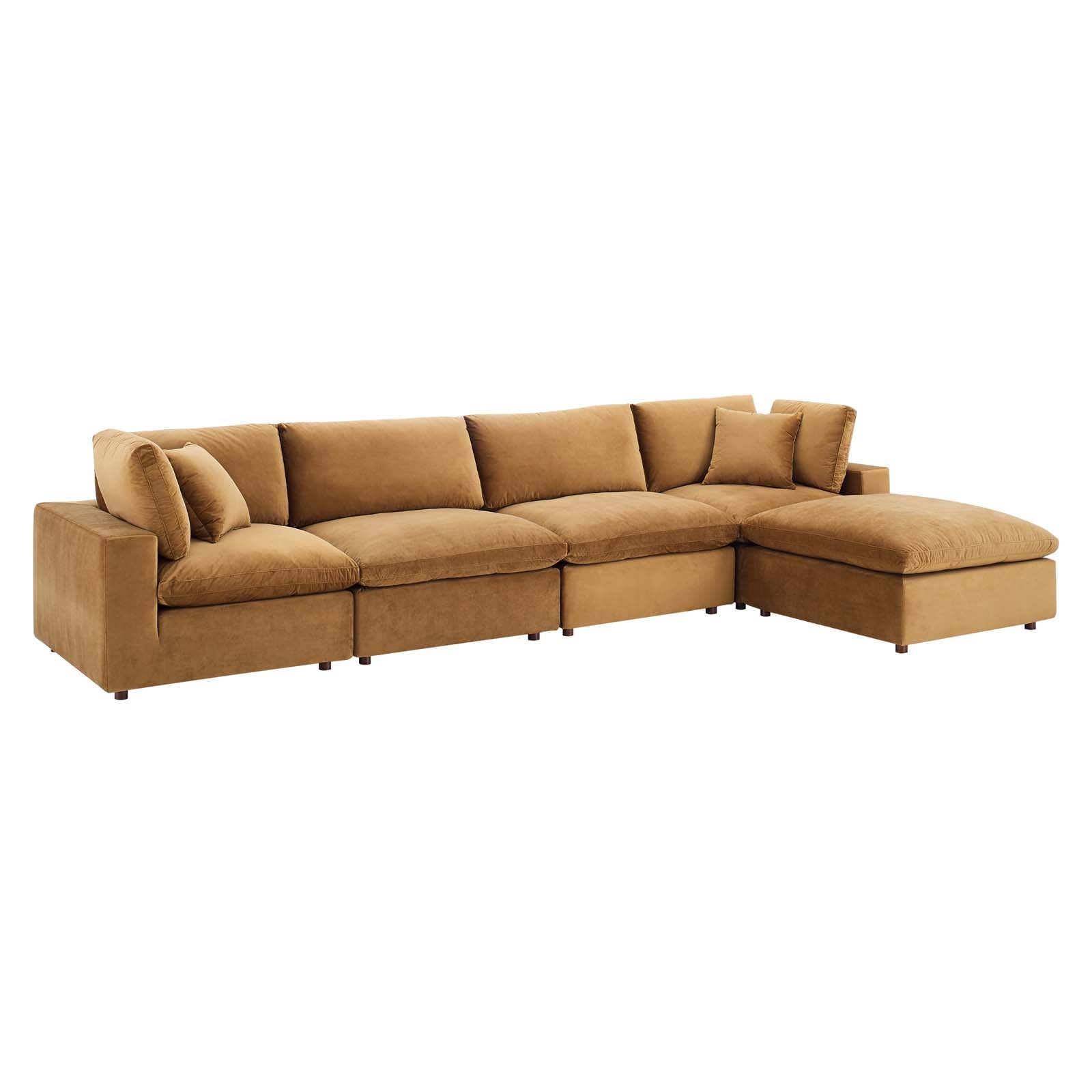 Modway Sectional Sofas - Commix Down Overstuffed Performance Velvet 5 Piece Sectional Sofa Cognac 158"