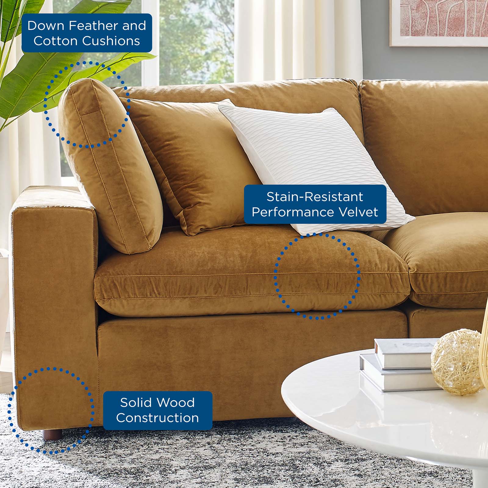 Modway Sectional Sofas - Commix Down Overstuffed Performance Velvet 5 Piece Sectional Sofa Cognac 158"