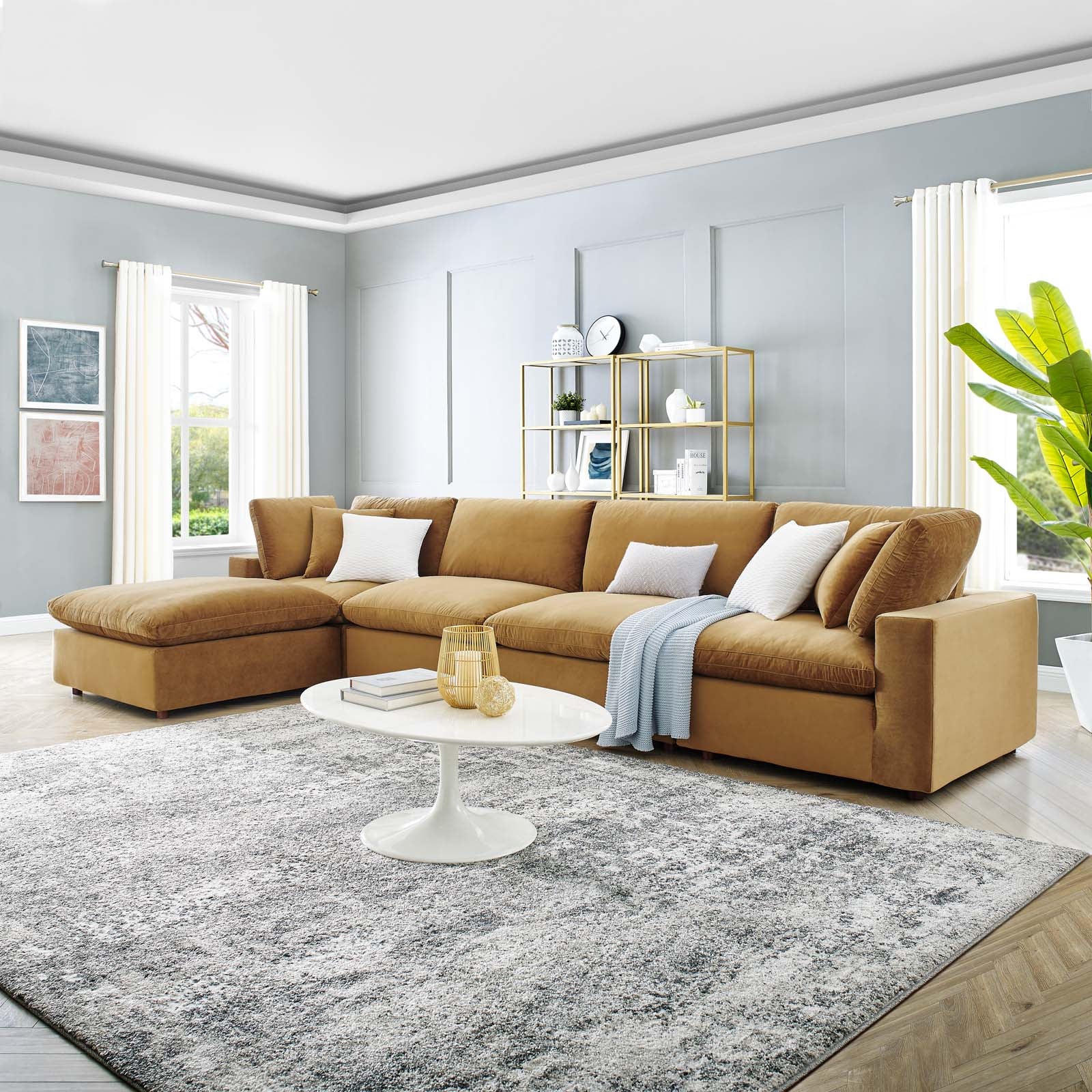 Modway Sectional Sofas - Commix Down Overstuffed Performance Velvet 5 Piece Sectional Sofa Cognac 158"