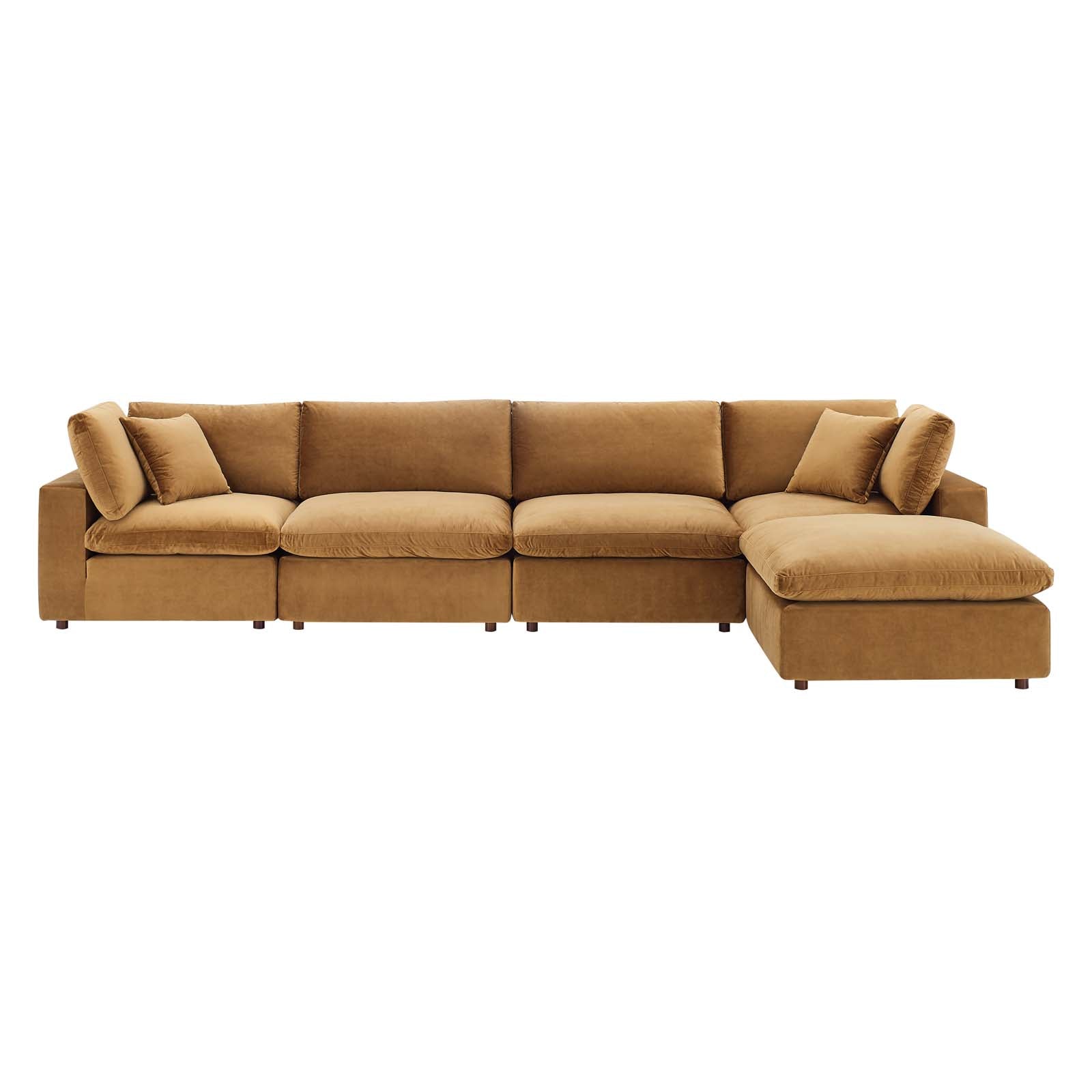 Modway Sectional Sofas - Commix Down Overstuffed Performance Velvet 5 Piece Sectional Sofa Cognac 158"