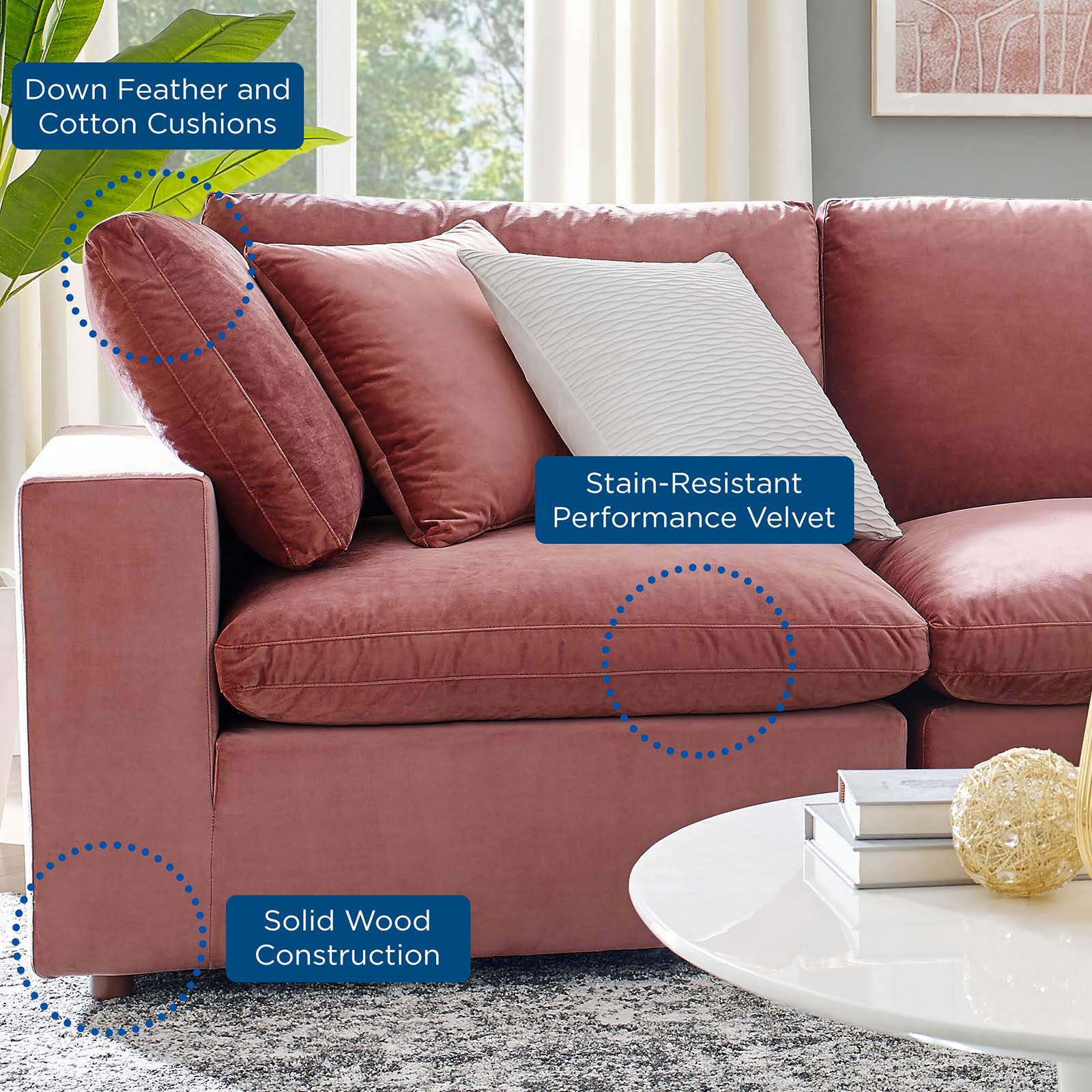 Modway Sectional Sofas - Commix Down Filled Overstuffed 35 " H Performance Velvet 5-Piece Sectional Sofa Dusty Rose