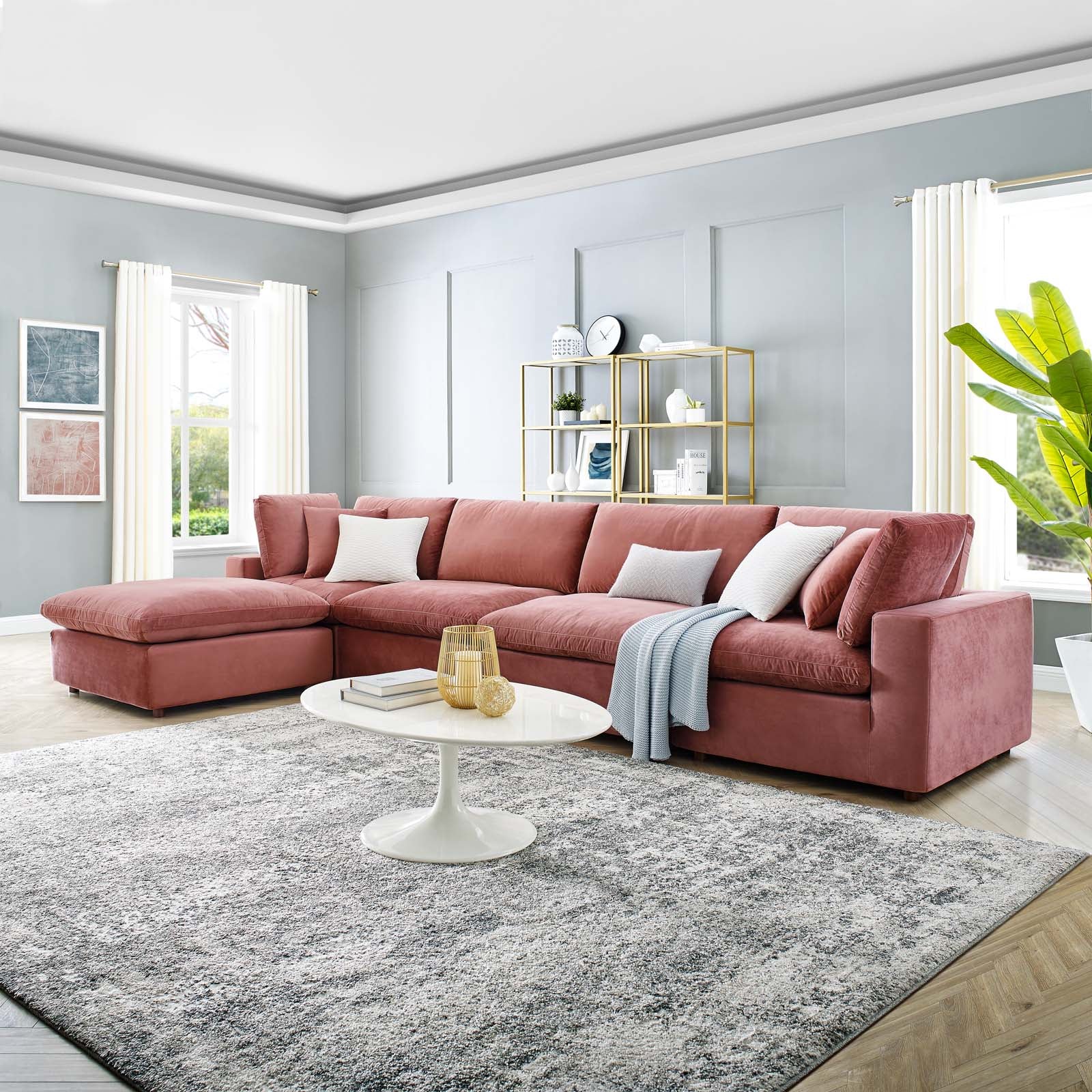 Modway Sectional Sofas - Commix Down Filled Overstuffed 35 " H Performance Velvet 5-Piece Sectional Sofa Dusty Rose