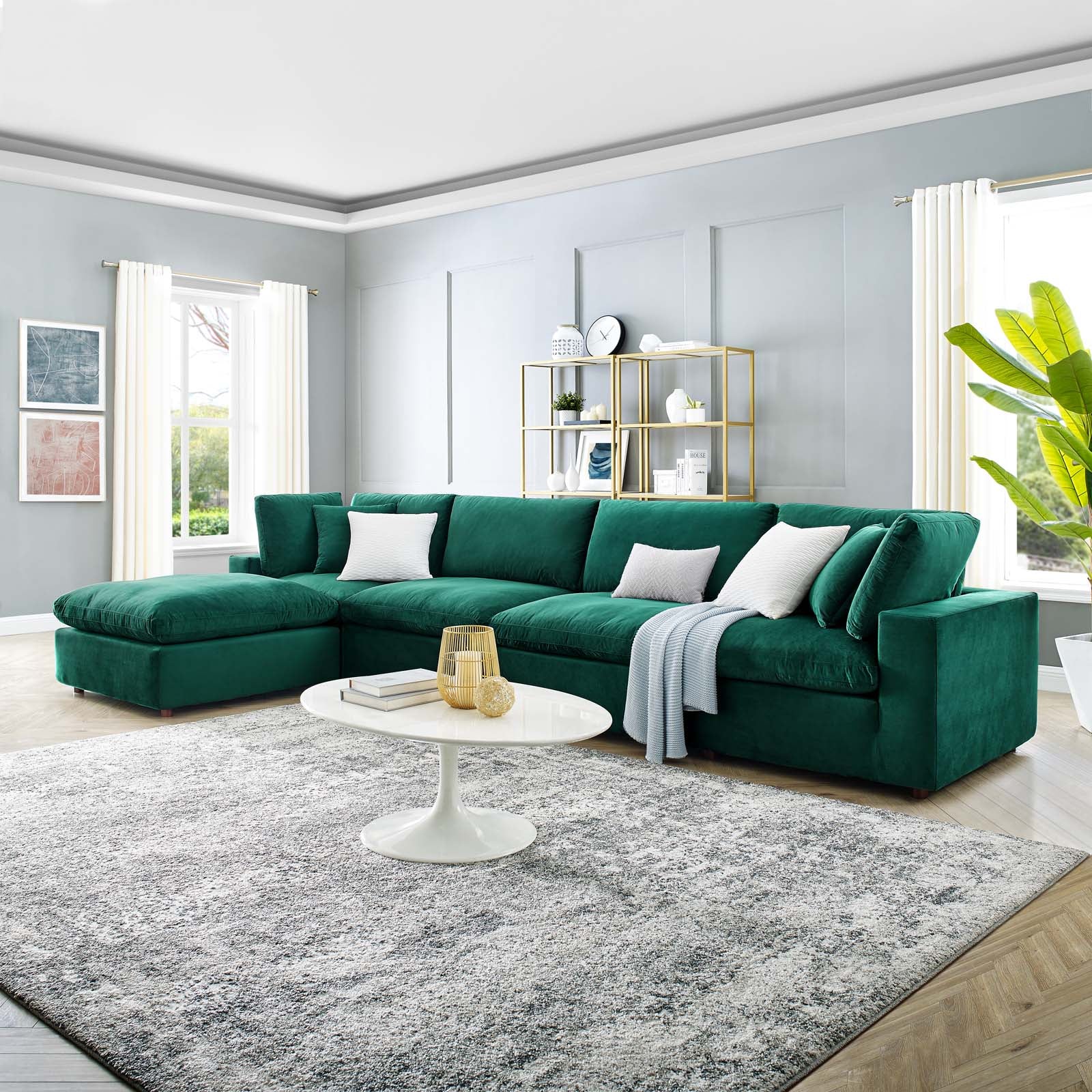 Modway Sectional Sofas - Commix Down Overstuffed Performance Velvet 5 Piece Sectional Sofa Green 158"