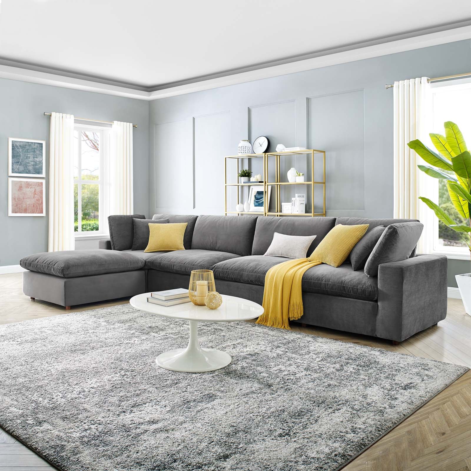 Modway Sectional Sofas - Commix Down Filled Overstuffed Performance 35 " H Velvet 5-Piece Sectional Sofa Gray