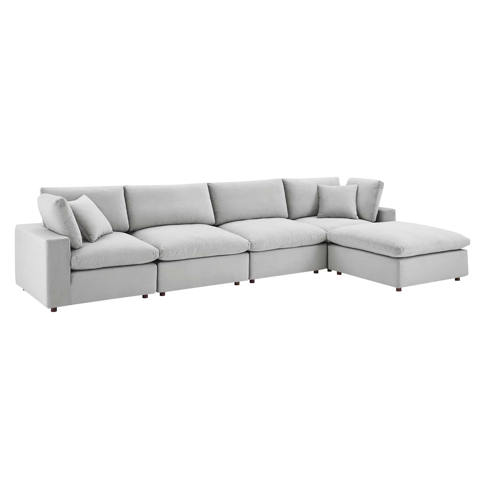 Modway Sectional Sofas - Commix Down Overstuffed Performance Velvet 5 Piece Sectional Sofa Light Gray 158"