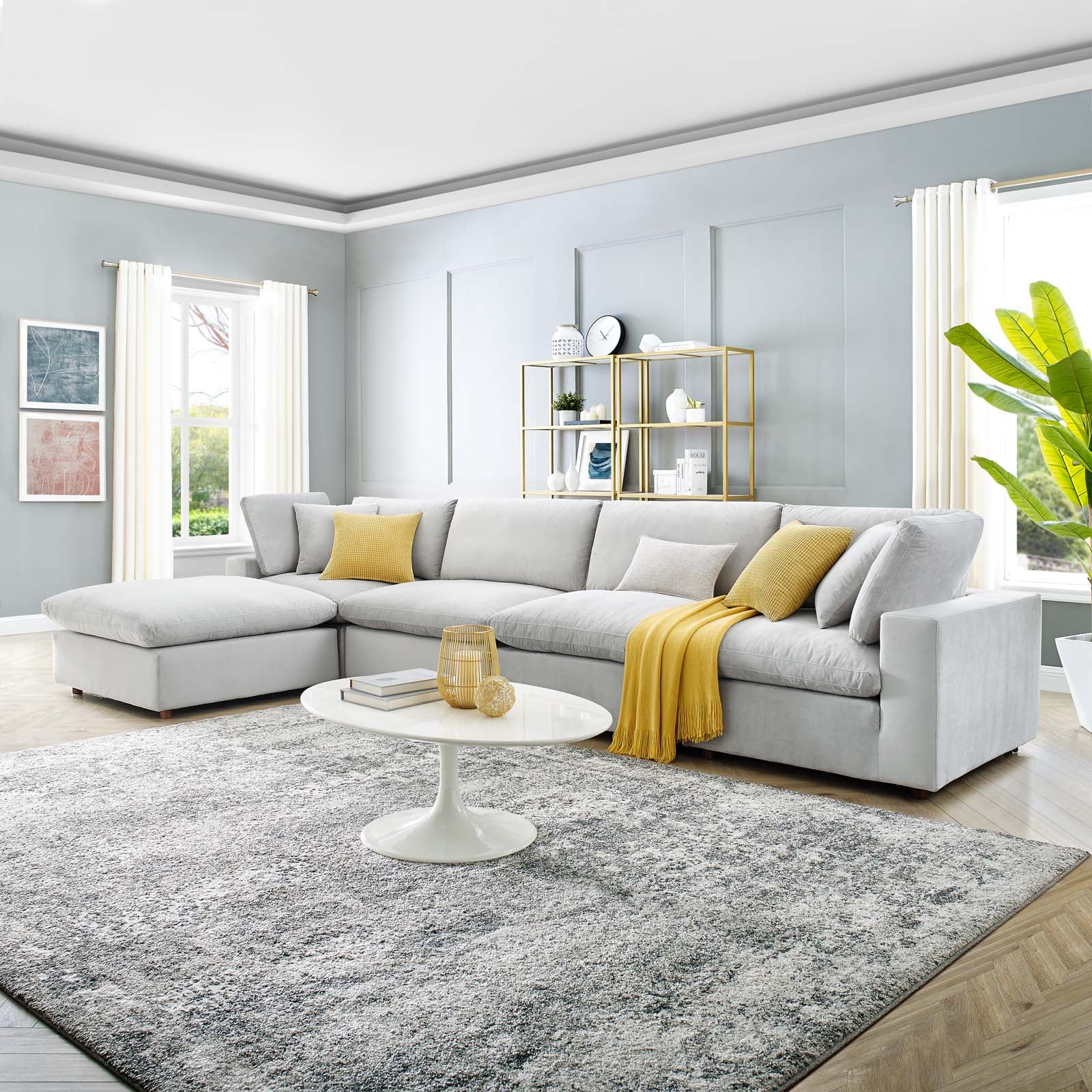 Modway Sectional Sofas - Commix Down Overstuffed Performance Velvet 5 Piece Sectional Sofa Light Gray 158"