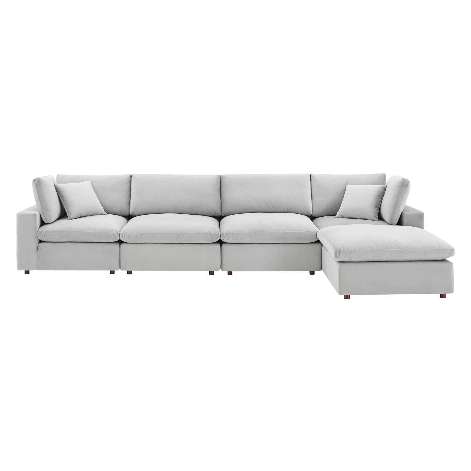 Modway Sectional Sofas - Commix Down Overstuffed Performance Velvet 5 Piece Sectional Sofa Light Gray 158"
