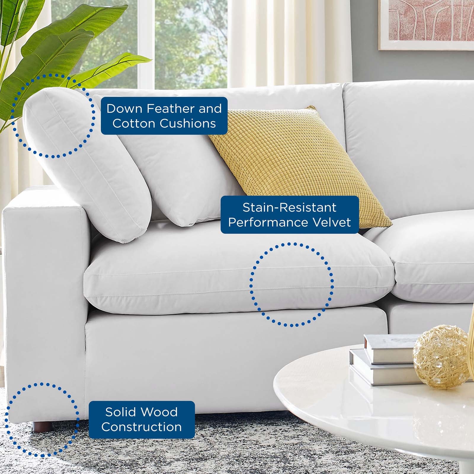 Modway Sectional Sofas - Commix Down Filled Overstuffed Performance 35 " H Velvet 5-Piece Sectional Sofa White