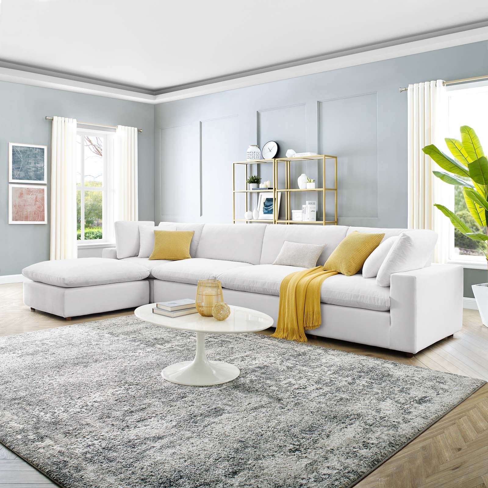 Modway Sectional Sofas - Commix Down Filled Overstuffed Performance 35 " H Velvet 5-Piece Sectional Sofa White