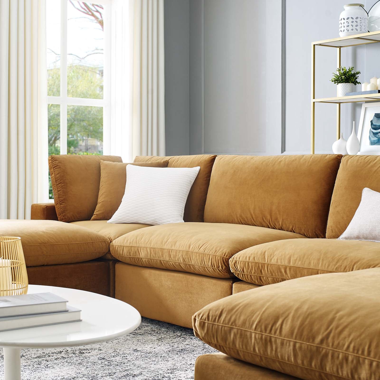 Modway Sectional Sofas - Commix Down Overstuffed Performance Velvet 6-Piece Sectional Sofa Cognac 158"