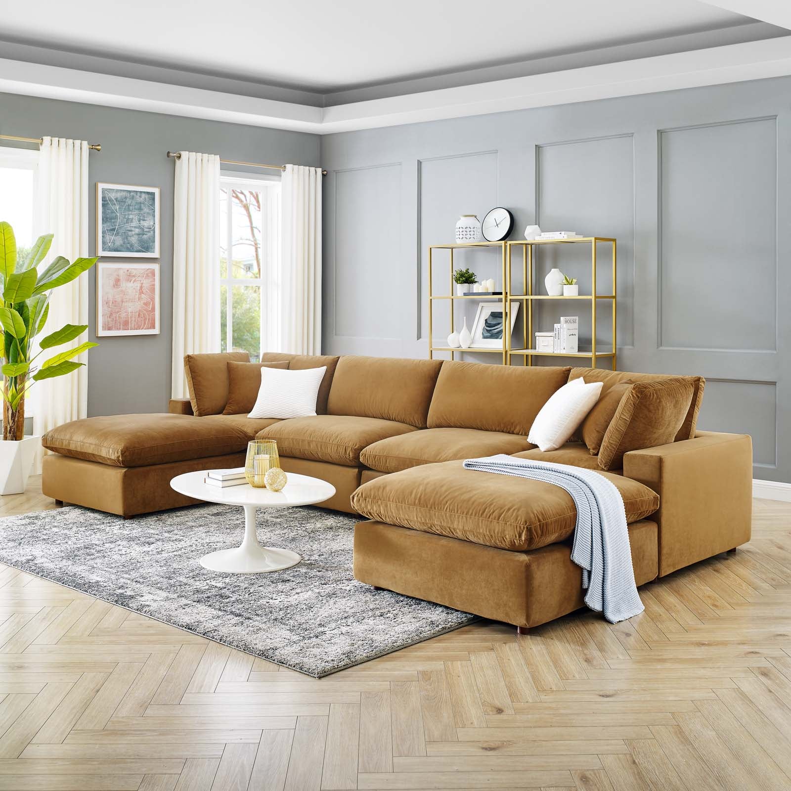 Modway Sectional Sofas - Commix Down Overstuffed Performance Velvet 6-Piece Sectional Sofa Cognac 158"
