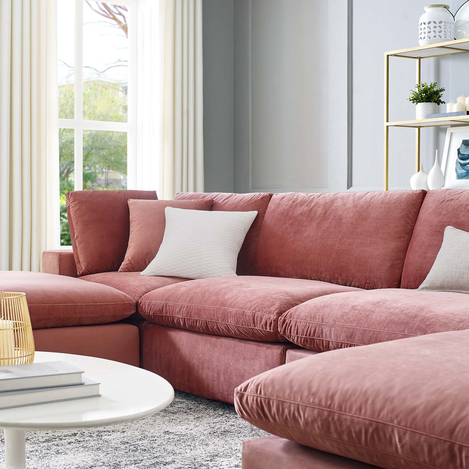 Modway Sectional Sofas - Commix Down Filled Overstuffed Performance Velvet 6-Piece 35 " H Sectional Sofa Dusty Rose