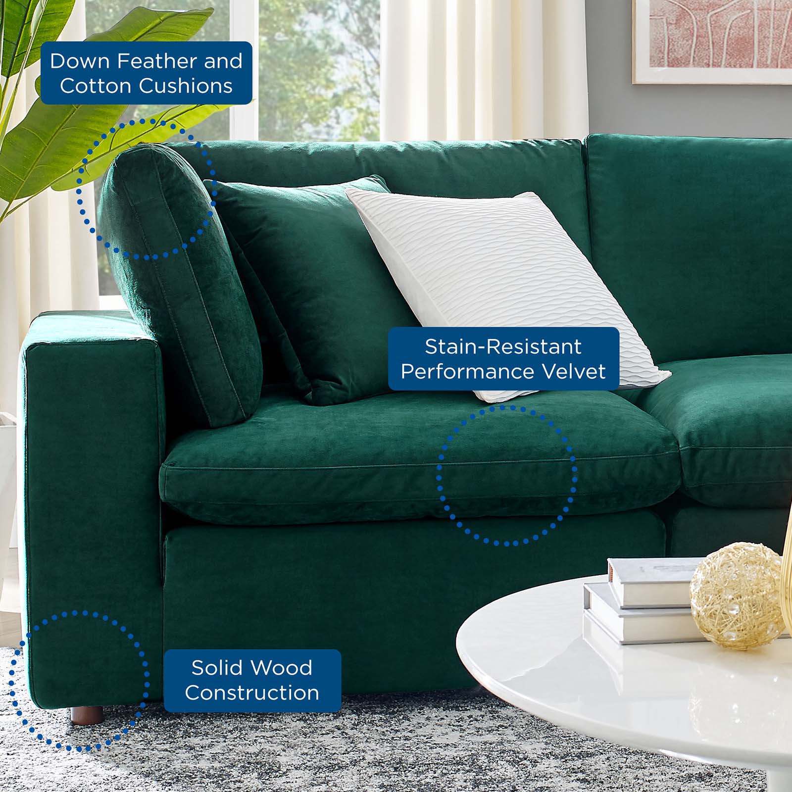 Modway Sectional Sofas - Commix Overstuffed Performance Velvet 6-Piece Sectional Sofa Green